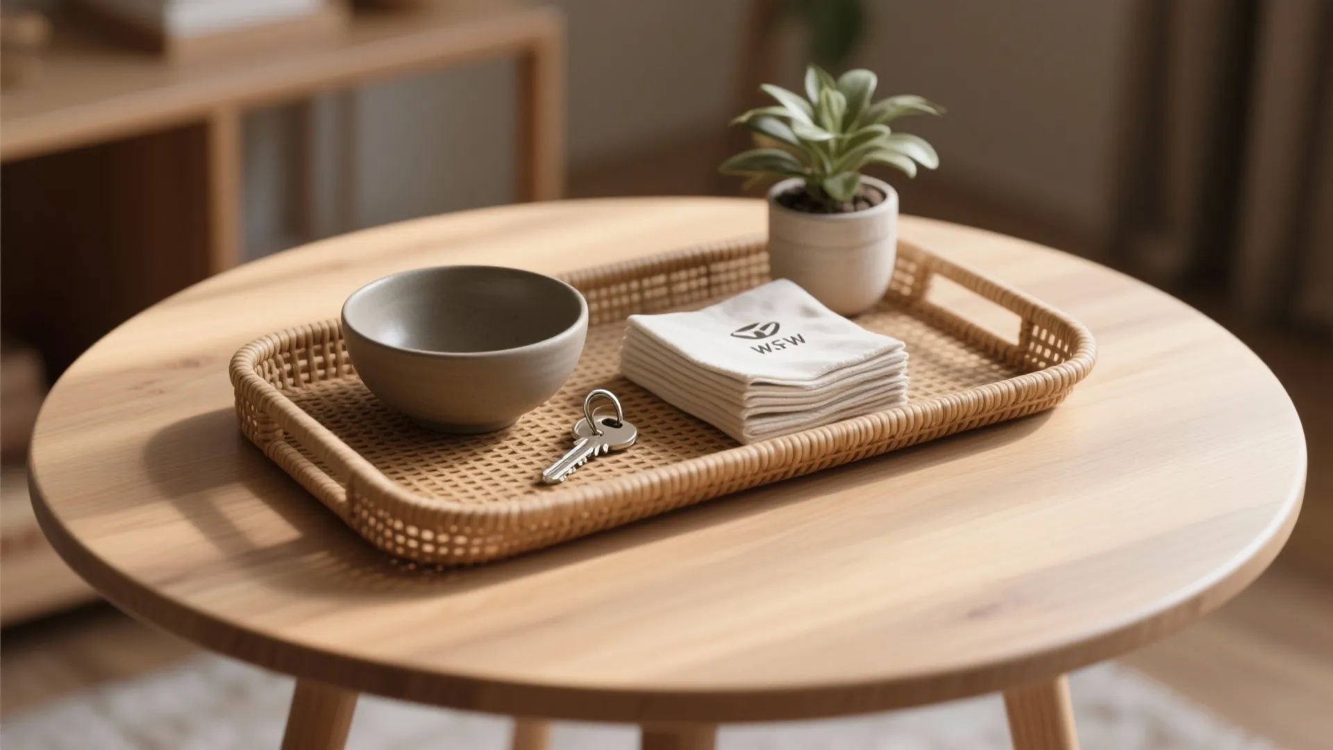 Woven tray on wooden table holding a small bowl and green plant in white pot
