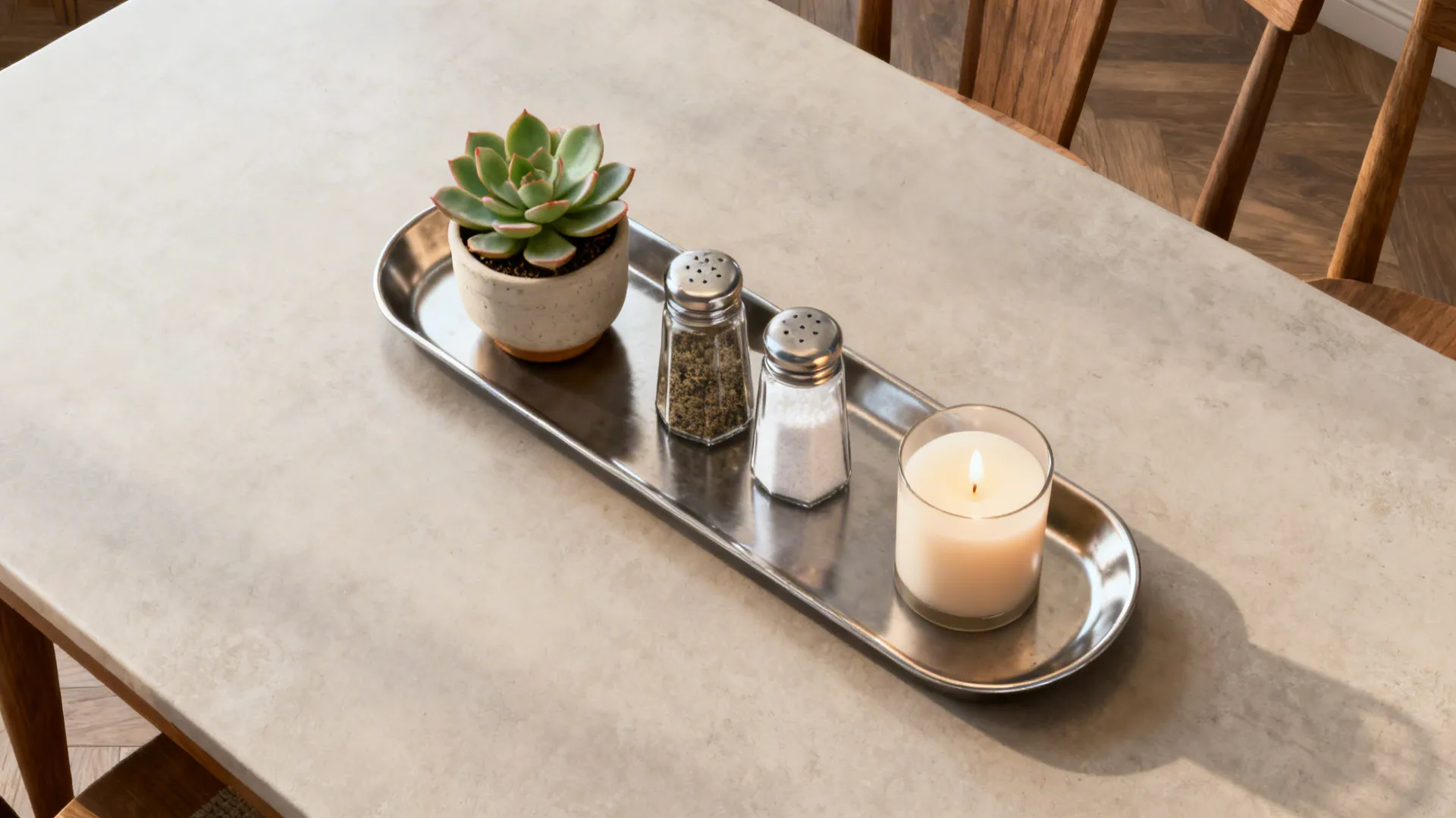 Top-down view of a metal tray holding salt, pepper, a succulent and a candle on a dining table.