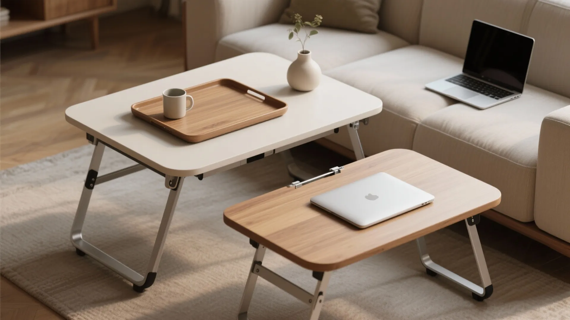 Two folding tray tables with laptop and cup sitting on rug next to beige sofa