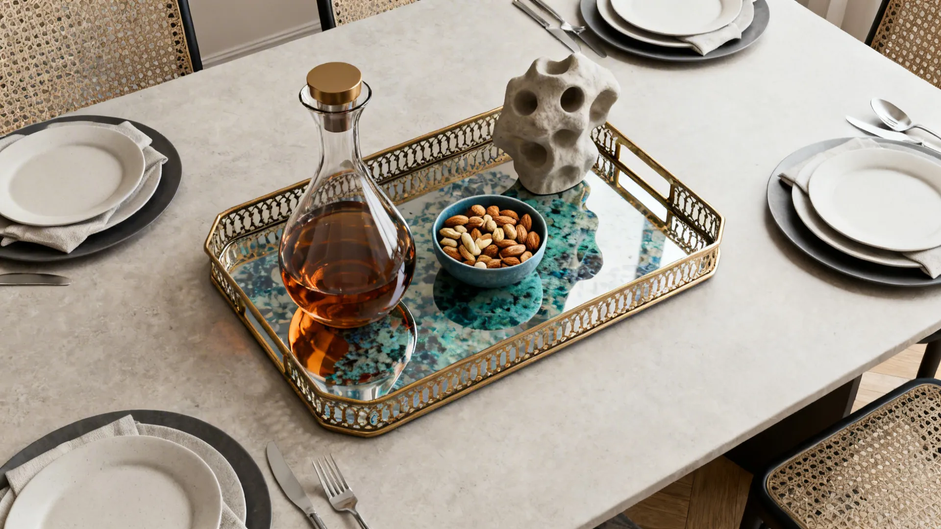 Top-down view of a functional decorative tray holding a carafe, bowl and sculptural object as a centerpiece