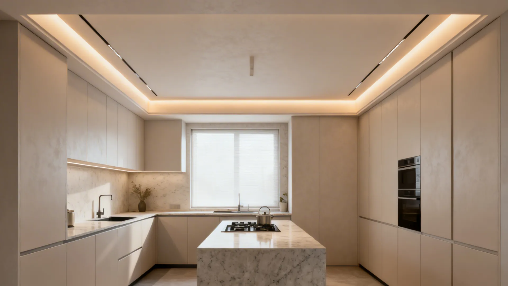 Small kitchen with a slim tray ceiling and warm perimeter LED glow.