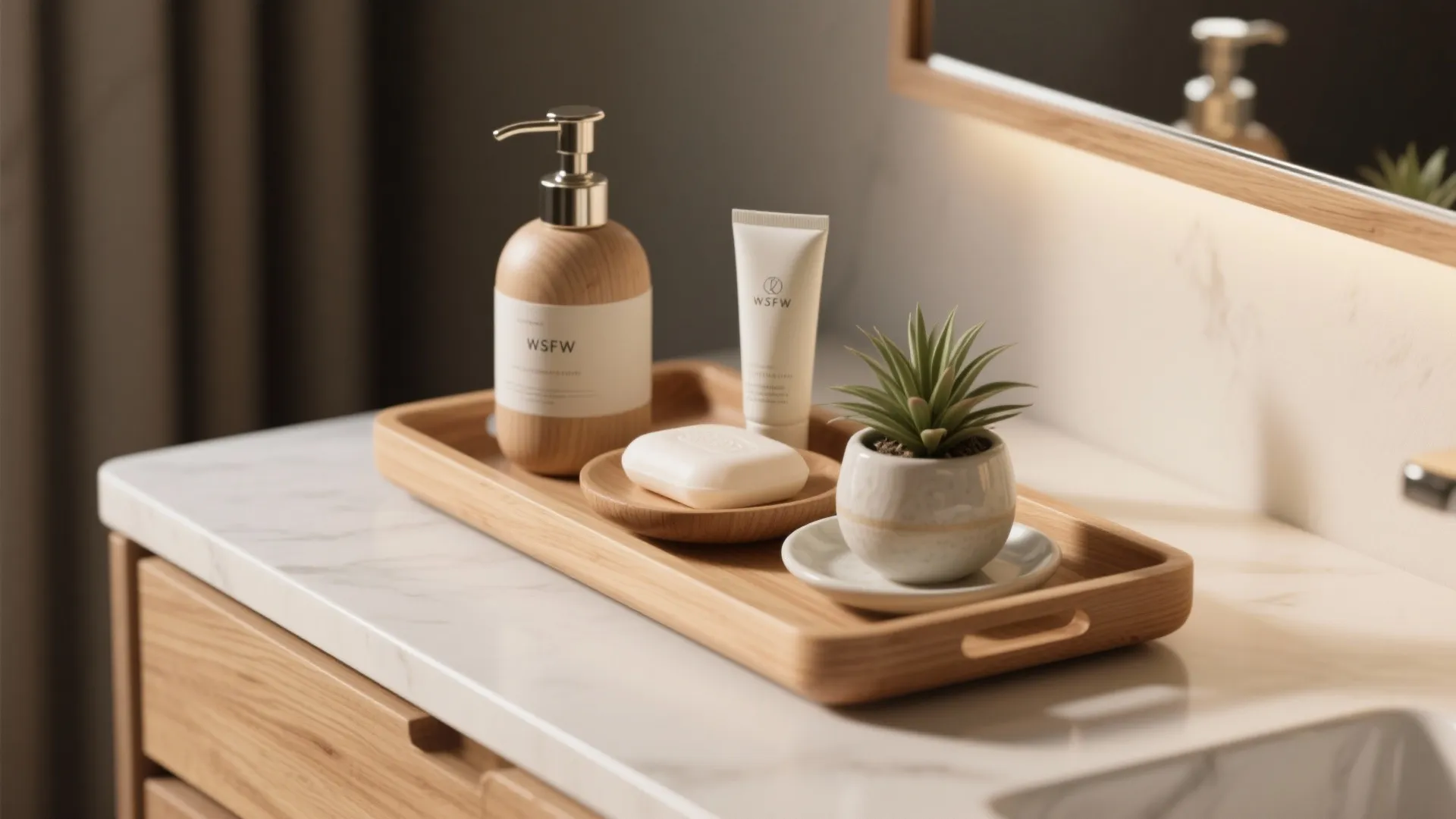 Wooden tray on marble counter holding a soap bottle soap bar and small green plant