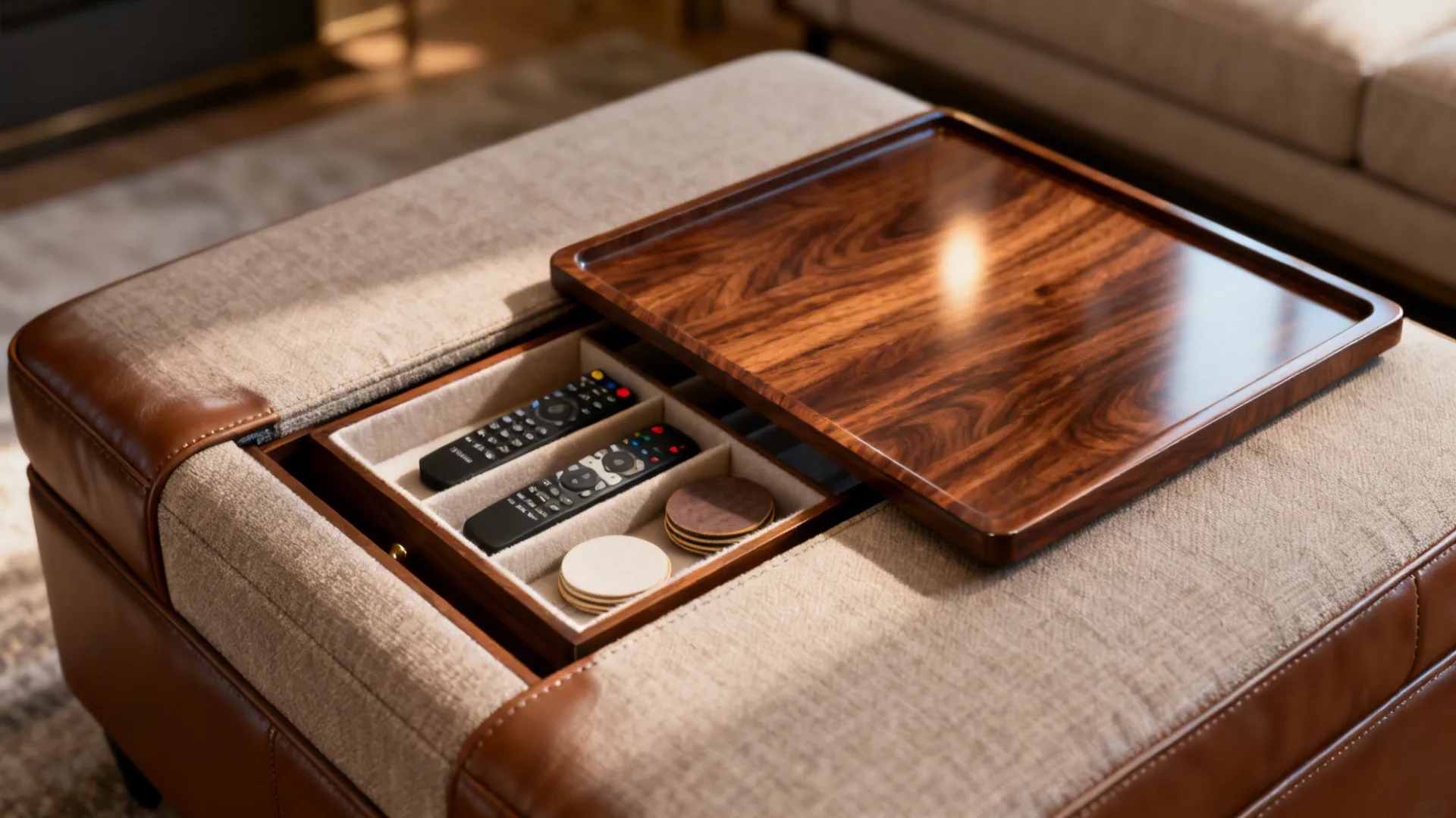 Upholstered ottoman with built-in wooden tray and hidden compartments for remotes and coasters.