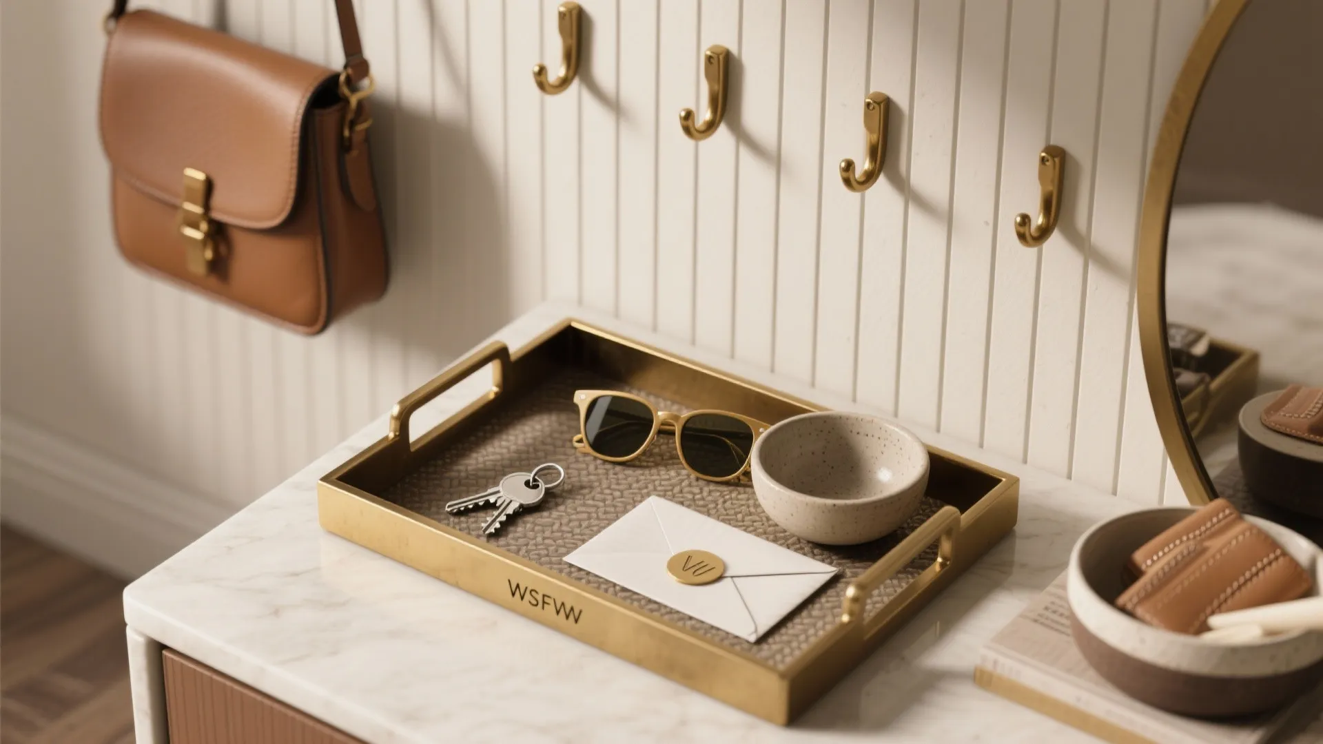 Gold tray on marble table with keys and sunglasses near wall hooks holding leather bag