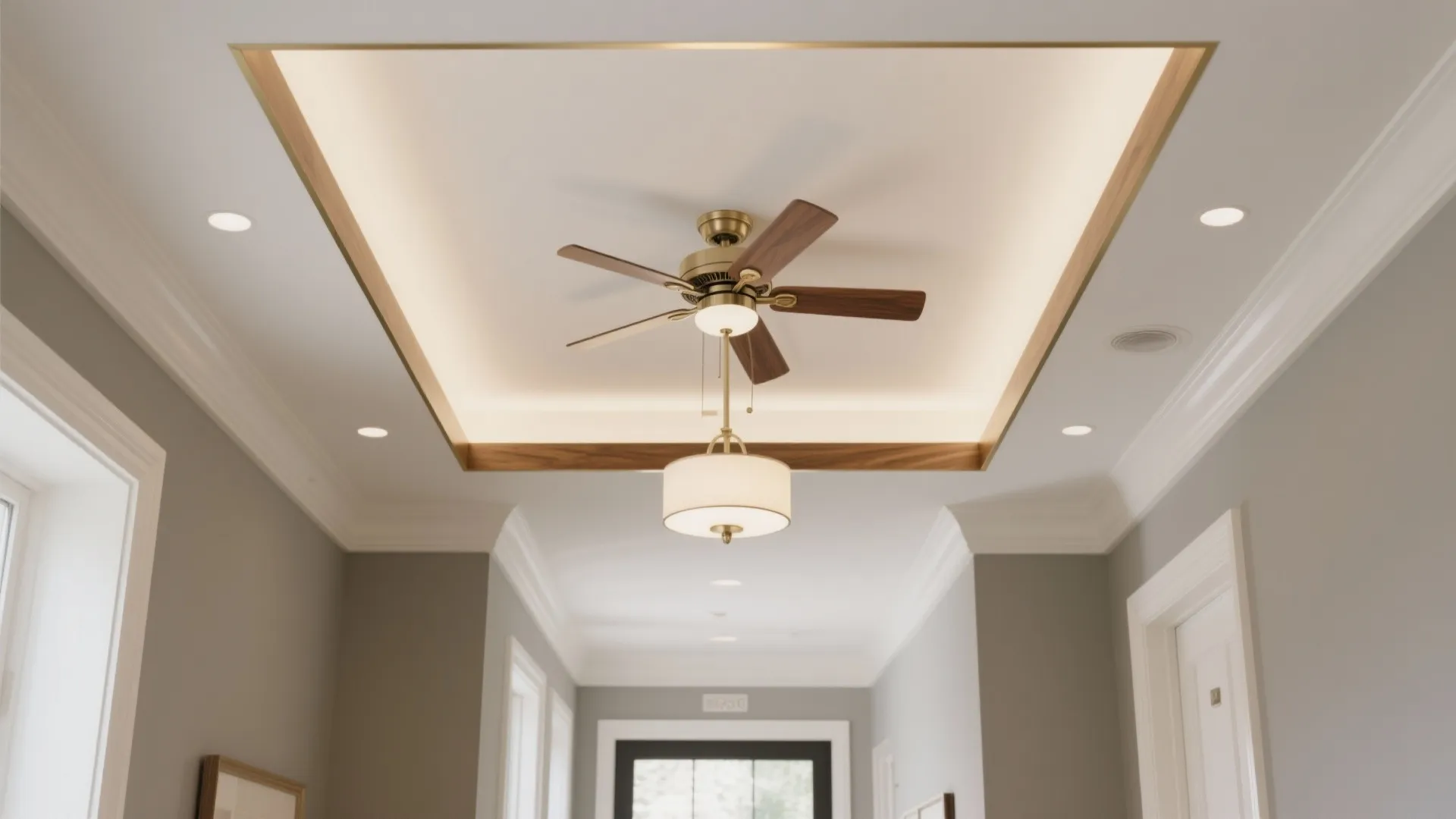 Bright hallway featuring a ceiling fan with light fixture and a wooden frame ceiling design