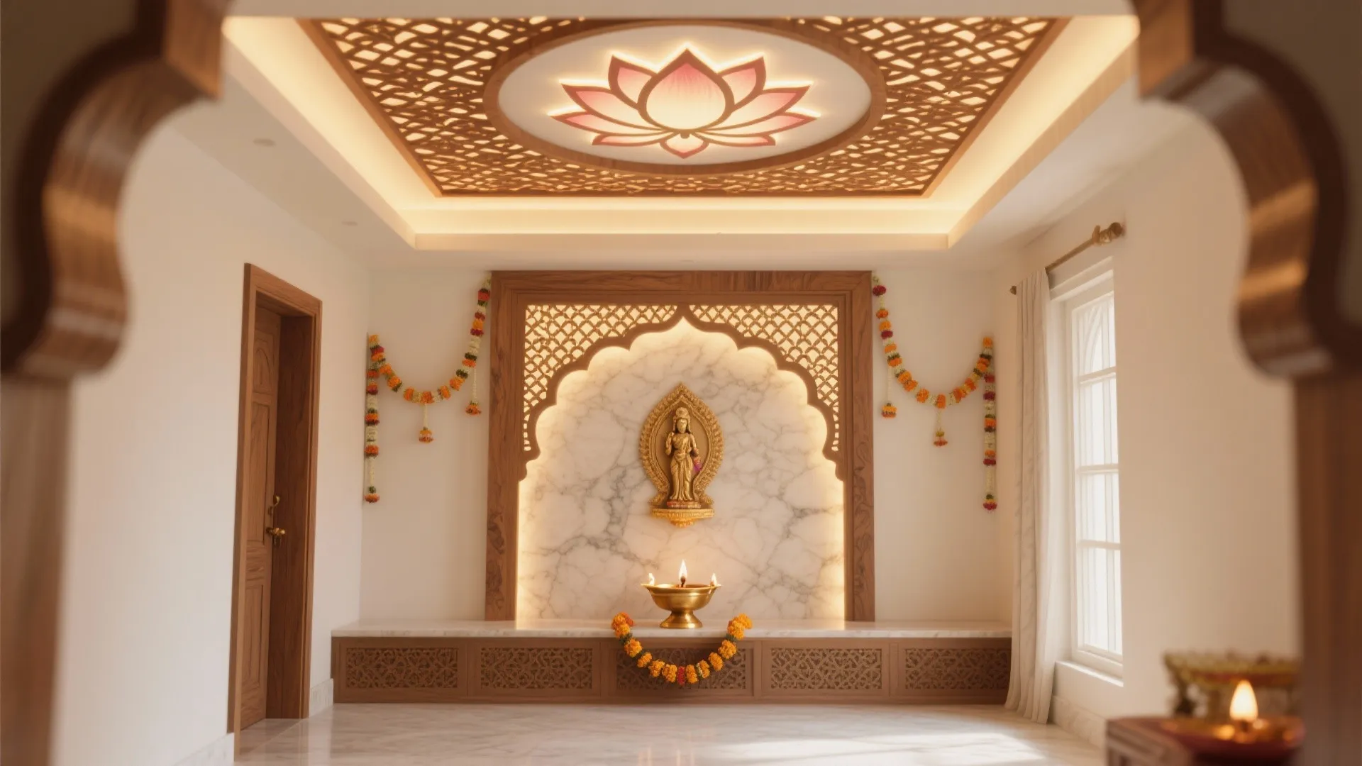 Prayer room featuring decorative ceiling light marble wall gold statue wood wall panel and natural light