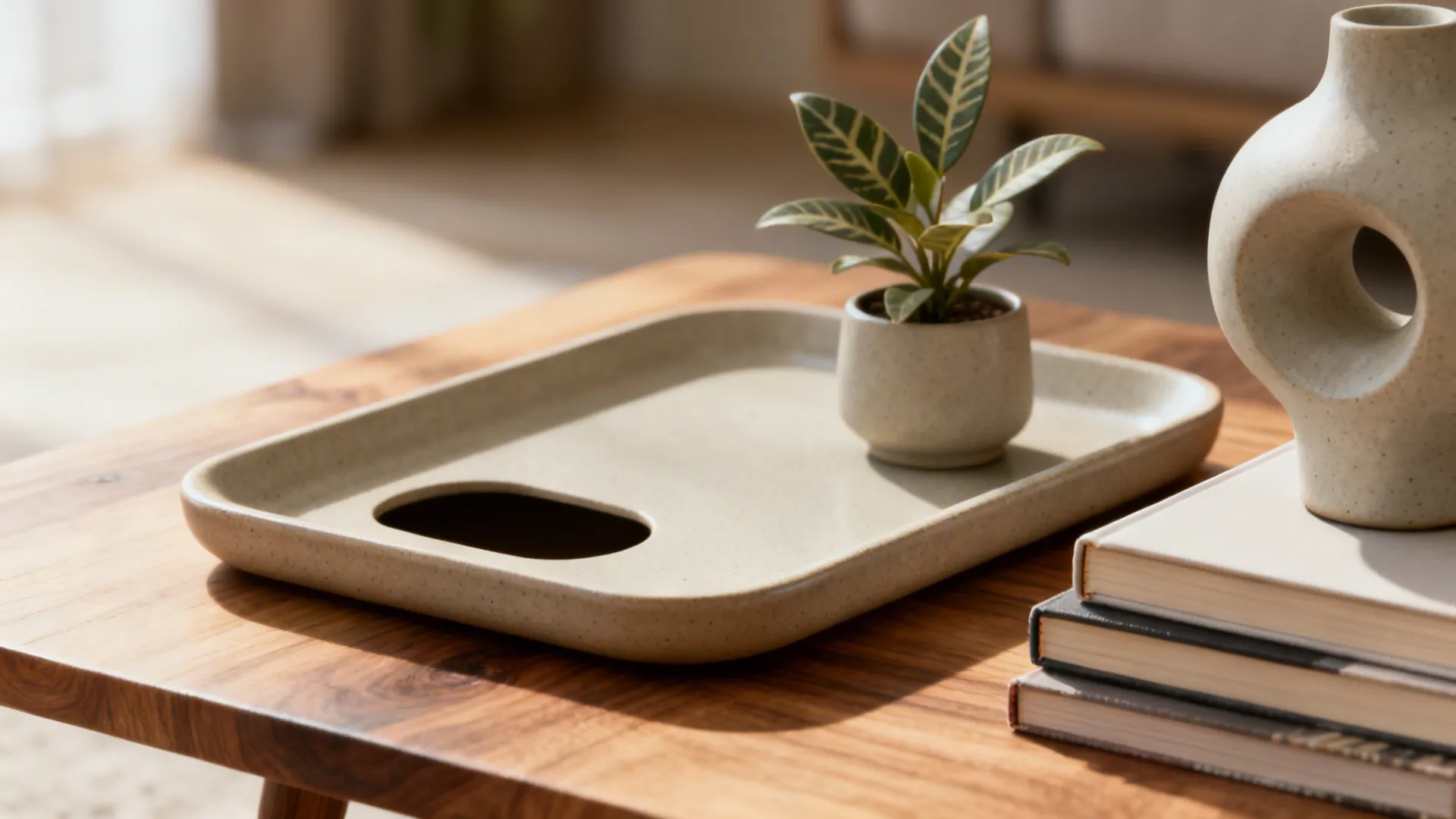 Layered tray on a small coffee table with books and a sculptural object