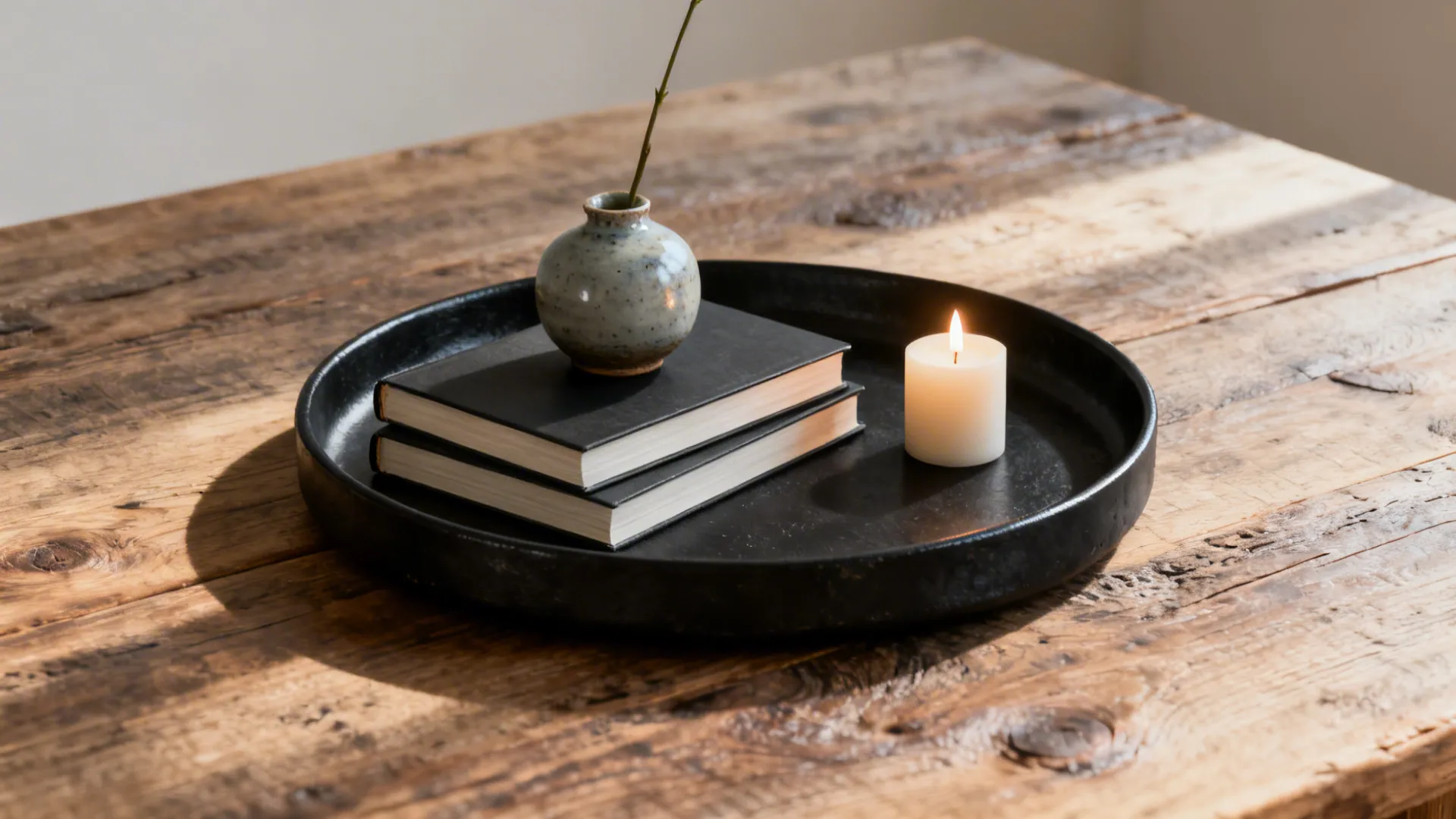 Low tray on coffee table with stacked books, ceramic vase and candle