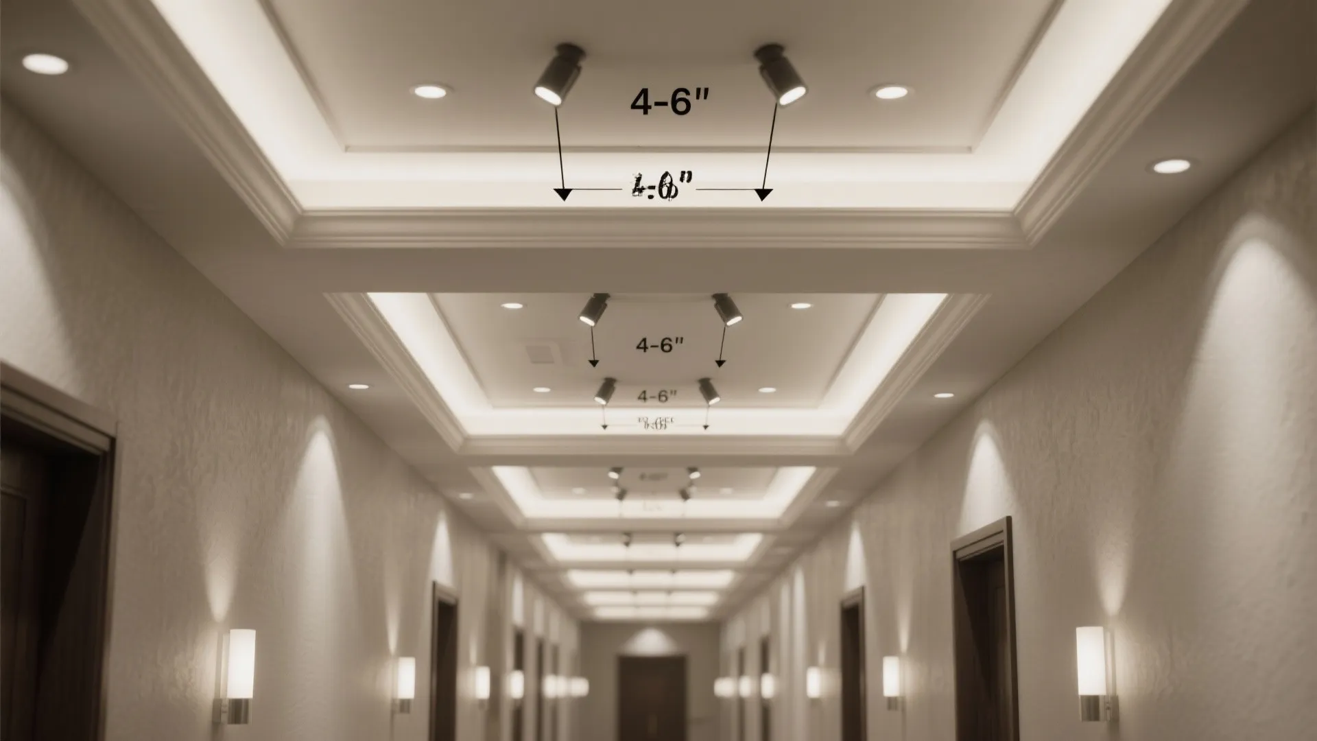 Interior design drawing showing ceiling light placement measurements and wall light fixtures in a hallway
