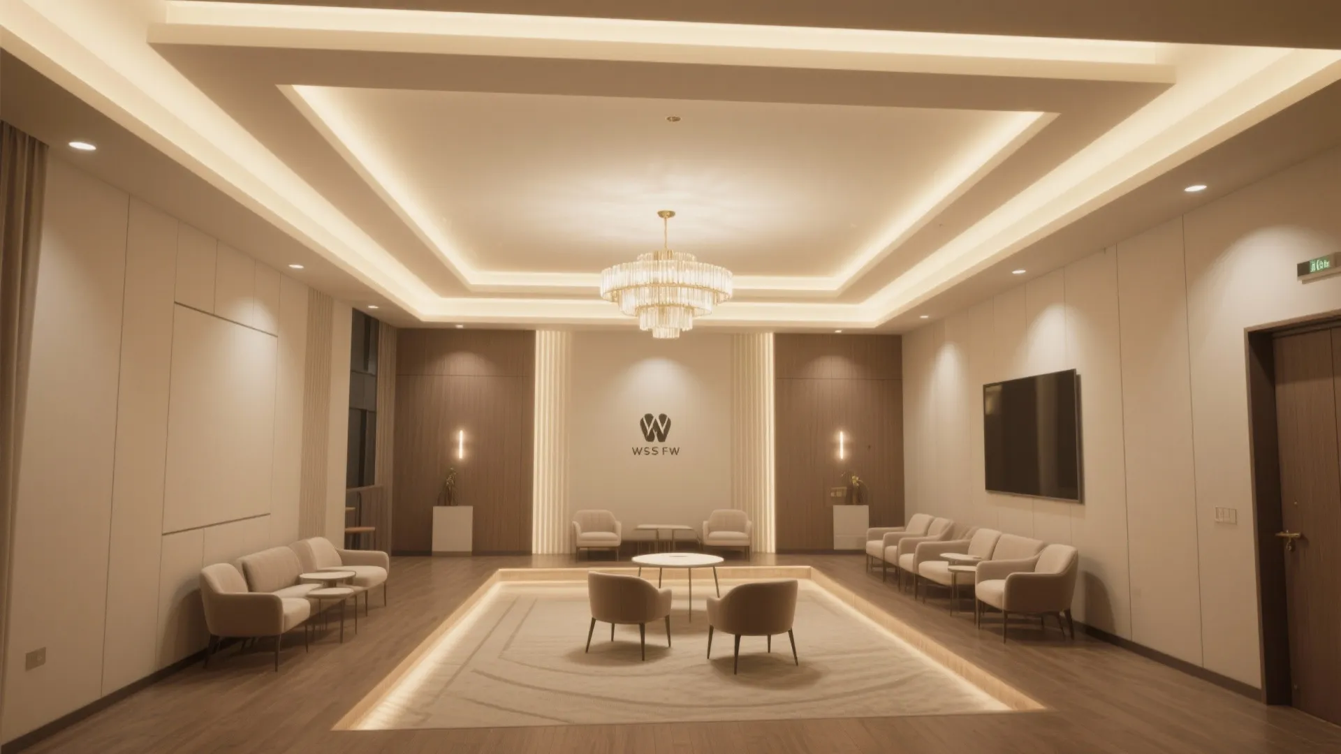 Large meeting room with tiered ceiling light and many beige sofas on a wooden floor