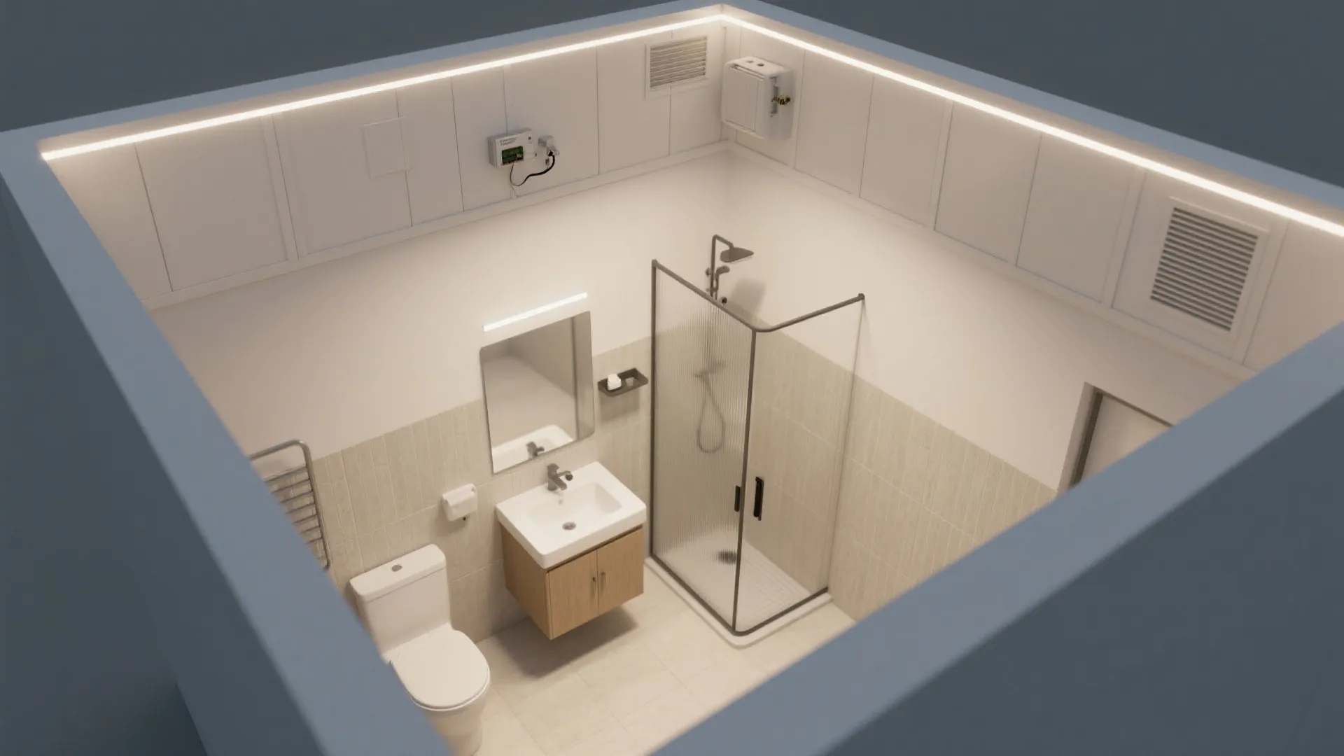 Top-down view showing PVC tray ceiling with perimeter LED and vent placement.