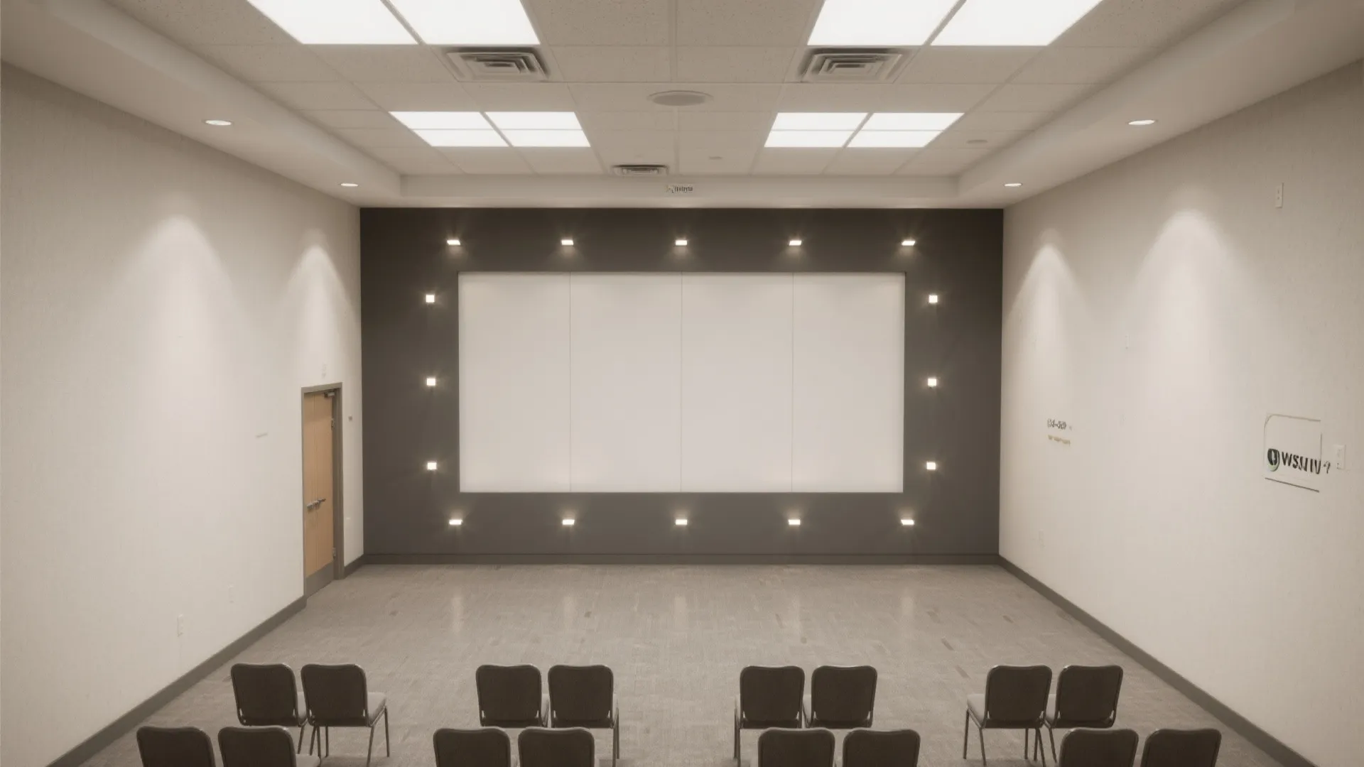 Spacious presentation room with large white screen square ceiling lights and rows of grey chairs