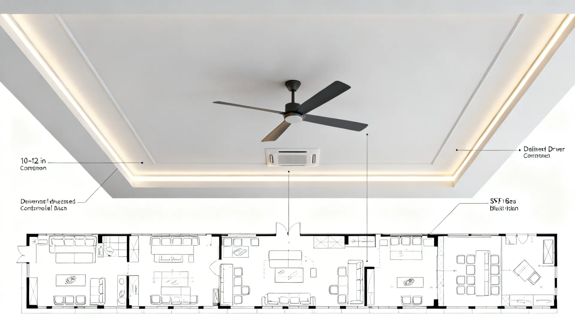 Top-down tray ceiling plan with fan clearance and cove LED perimeter.