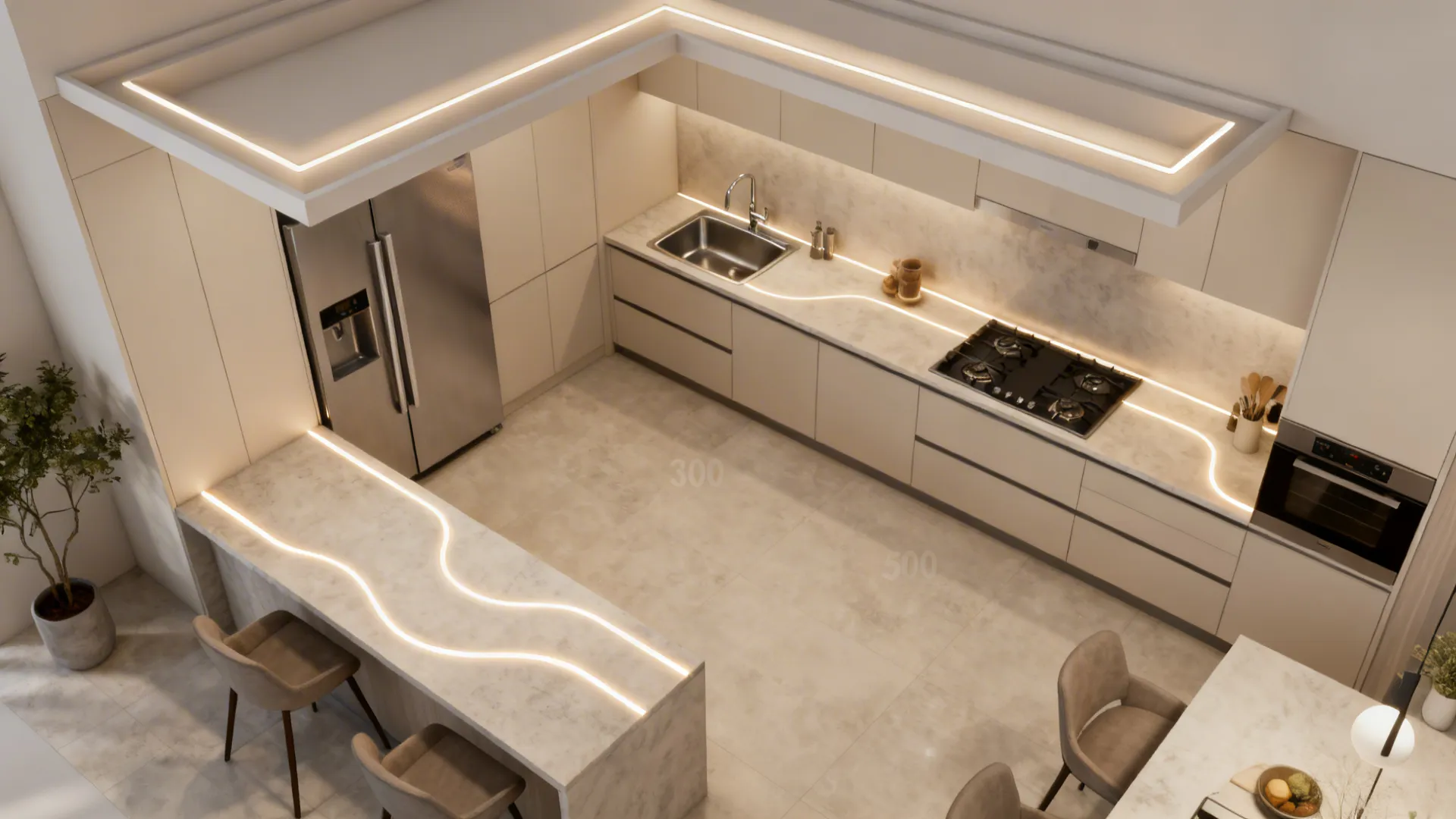 Top-down view illustrating a centered tray ceiling and task light channels aligned to the work triangle.