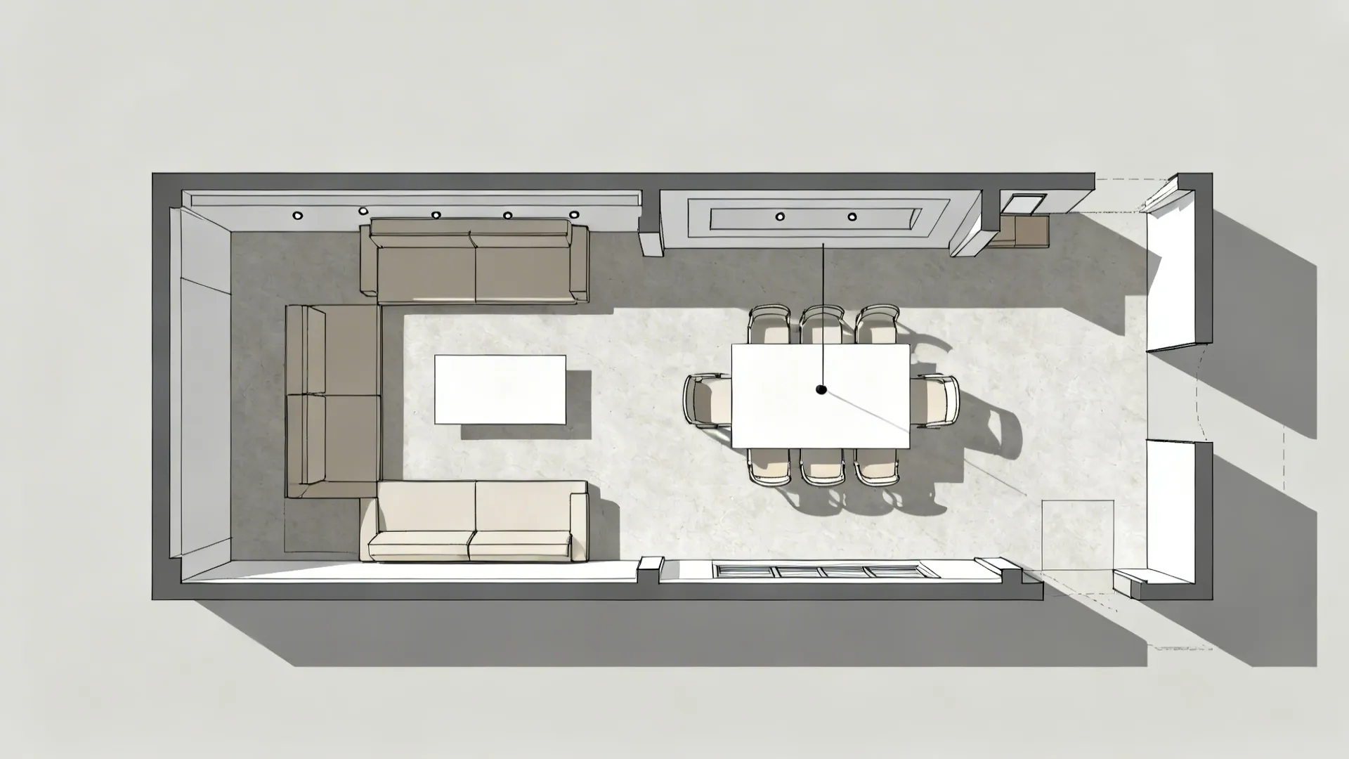 Top-down view of dual tray ceiling aligned with living seating and dining table.