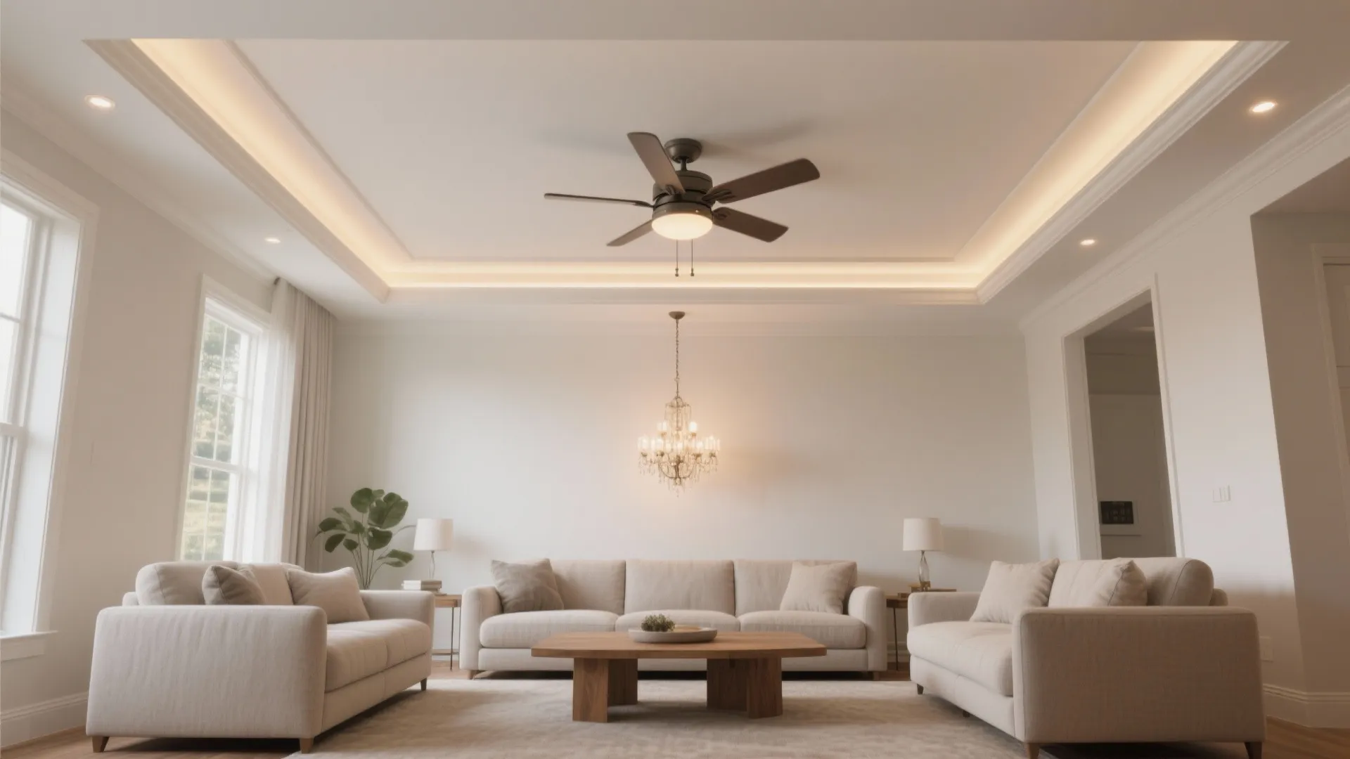 Modern living room featuring beige sofas a wooden coffee table ceiling fan and warm lighting