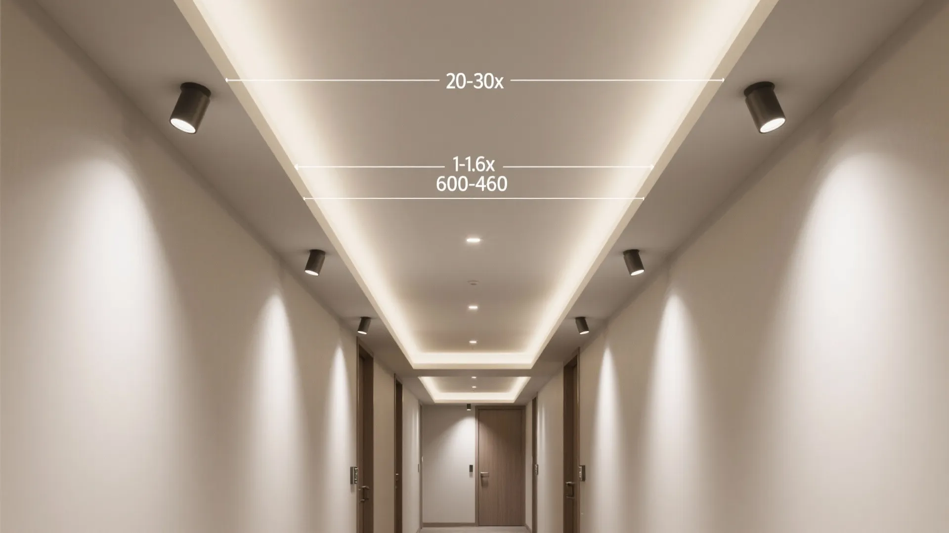 Top-down diagram showing tray edge and spot positions for even wall-wash.