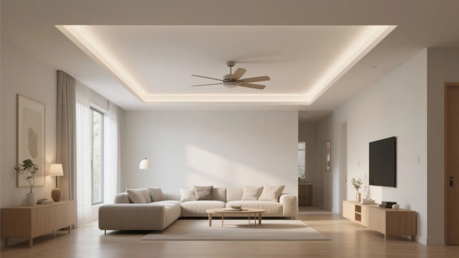 Spacious modern living room featuring corner sofa ceiling fan television and hidden warm cove lighting