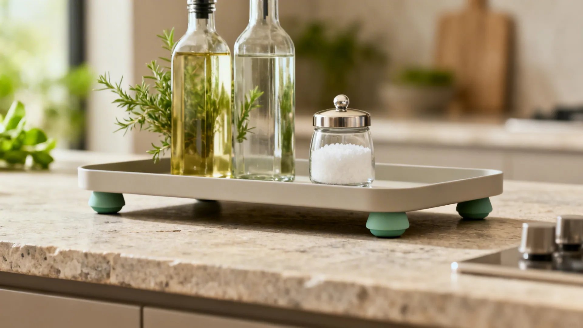 Close-up of a tray with oils and a salt cellar using silicone feet on a stone countertop.