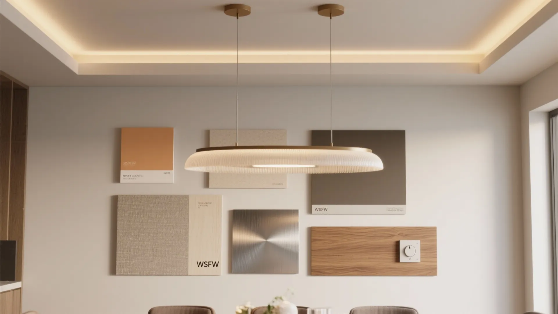 Modern interior wall with various material samples including wood fabric metal and a ceiling light