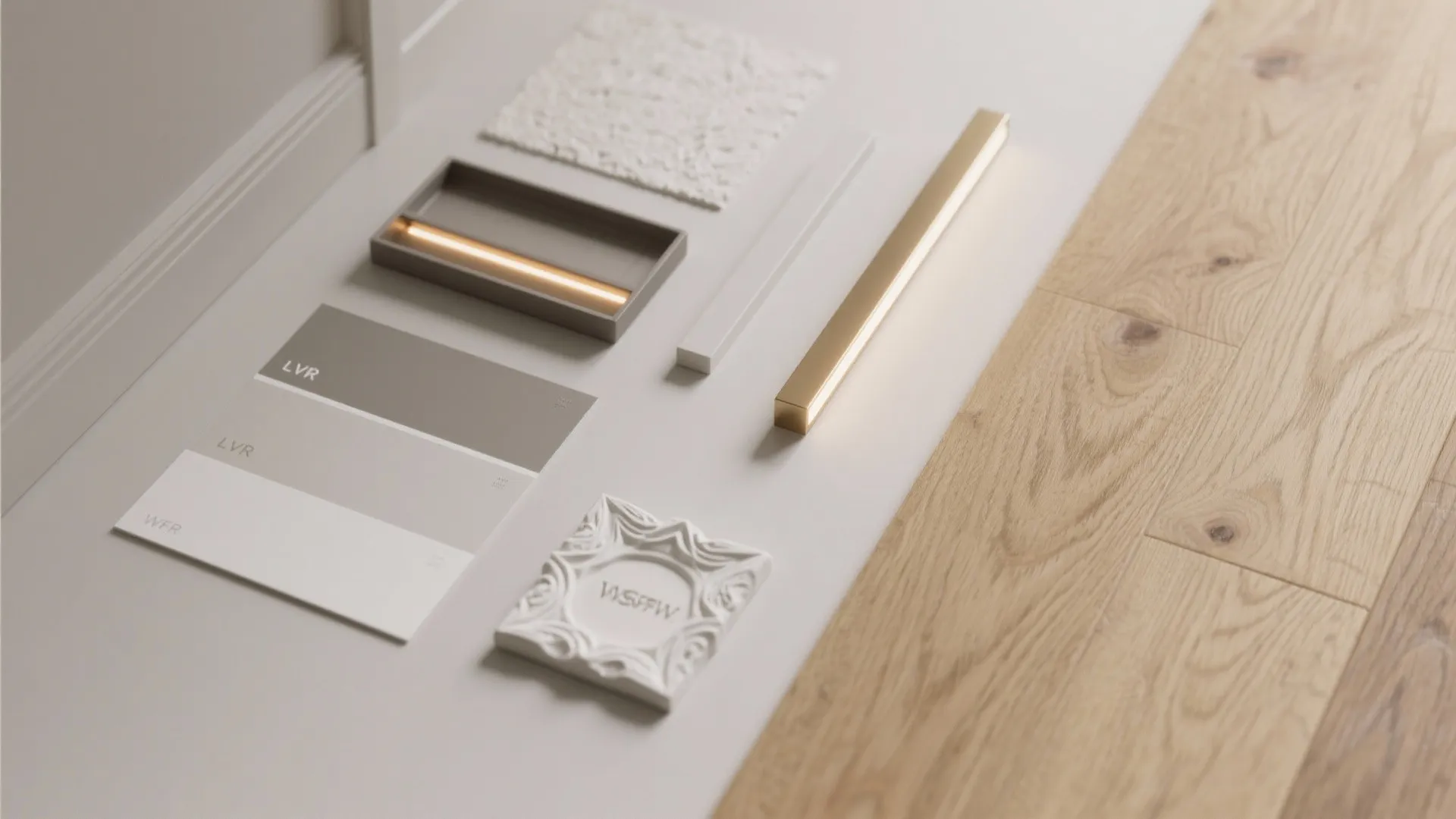 Interior design materials including wood flooring samples color cards metal handles and white wall panel
