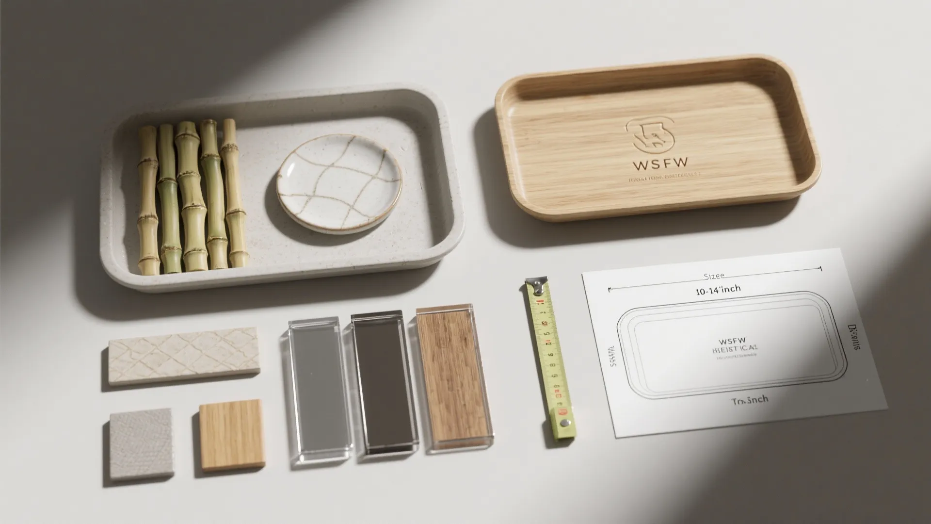 Top-down flatlay of tray material samples—ceramic, bamboo, sealed metal—with a measuring tape and size templates.