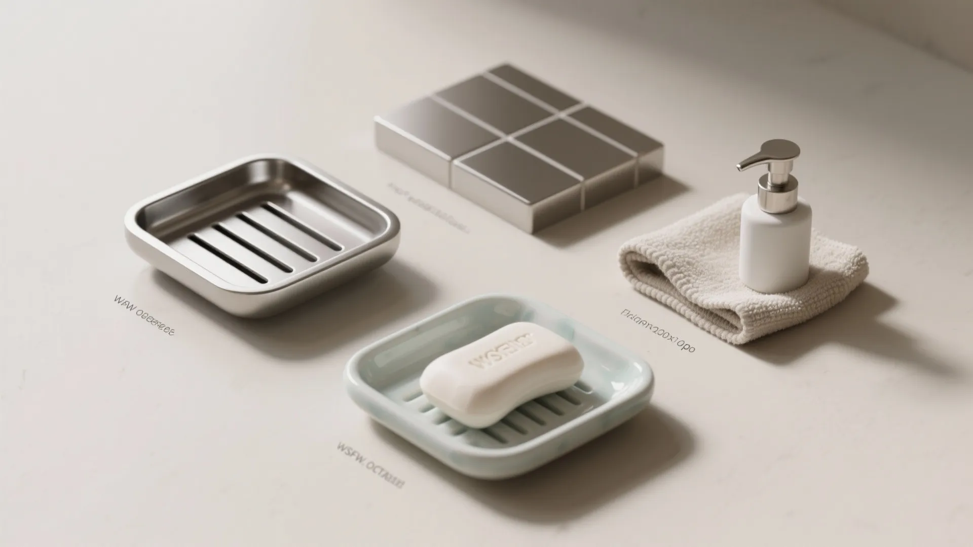 Metal and ceramic soap dishes displayed with a white bottle towel and bar of soap