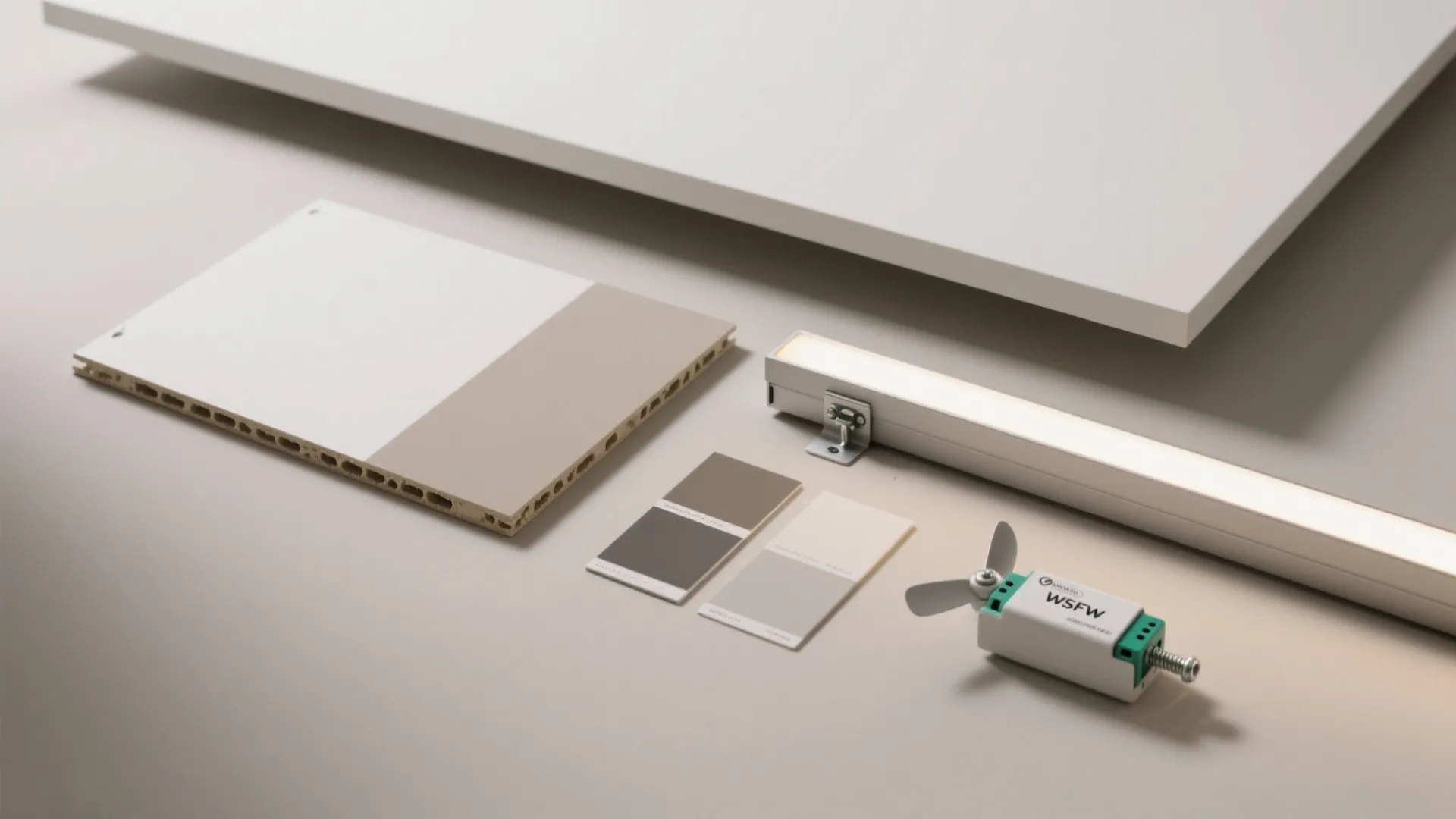 Interior design materials including wall panel samples color cards light fixture and a small motor