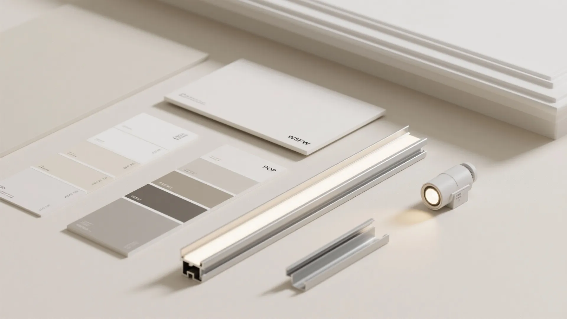 Interior design material board with color swatches plus a small light fixture and white panels