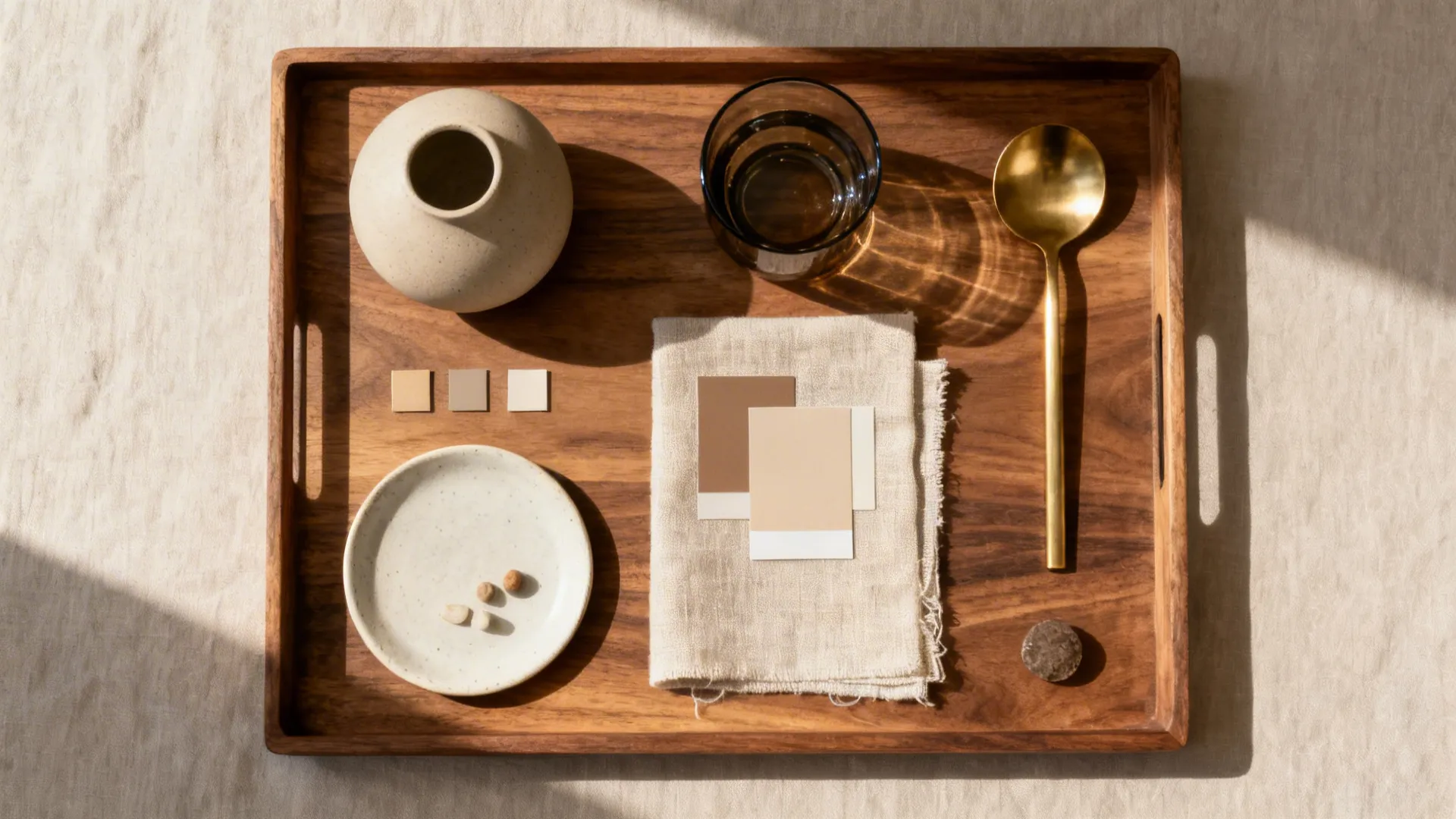 Flat lay of oak, ceramic, brass, smoked glass, and linen for a tray centerpiece.