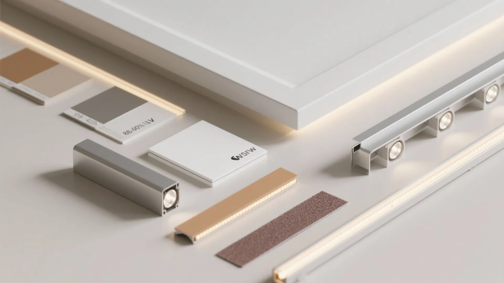 Various home building materials including paint samples light fixtures and wall panel pieces on white surface