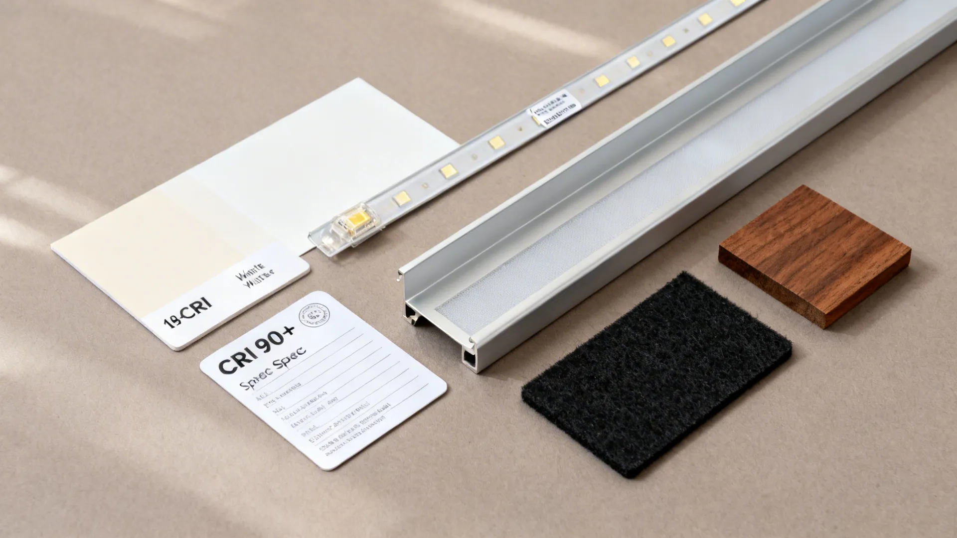 Flat lay of matte paint, LED strip with diffuser, cove profile, veneer, and felt for a slim tray ceiling.