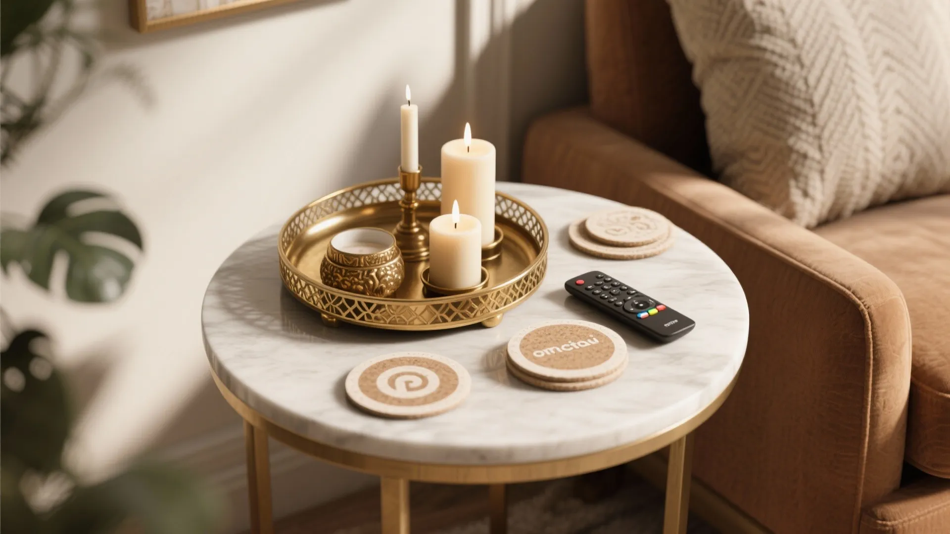 Gold tray with three white candles and a remote control on a round marble table