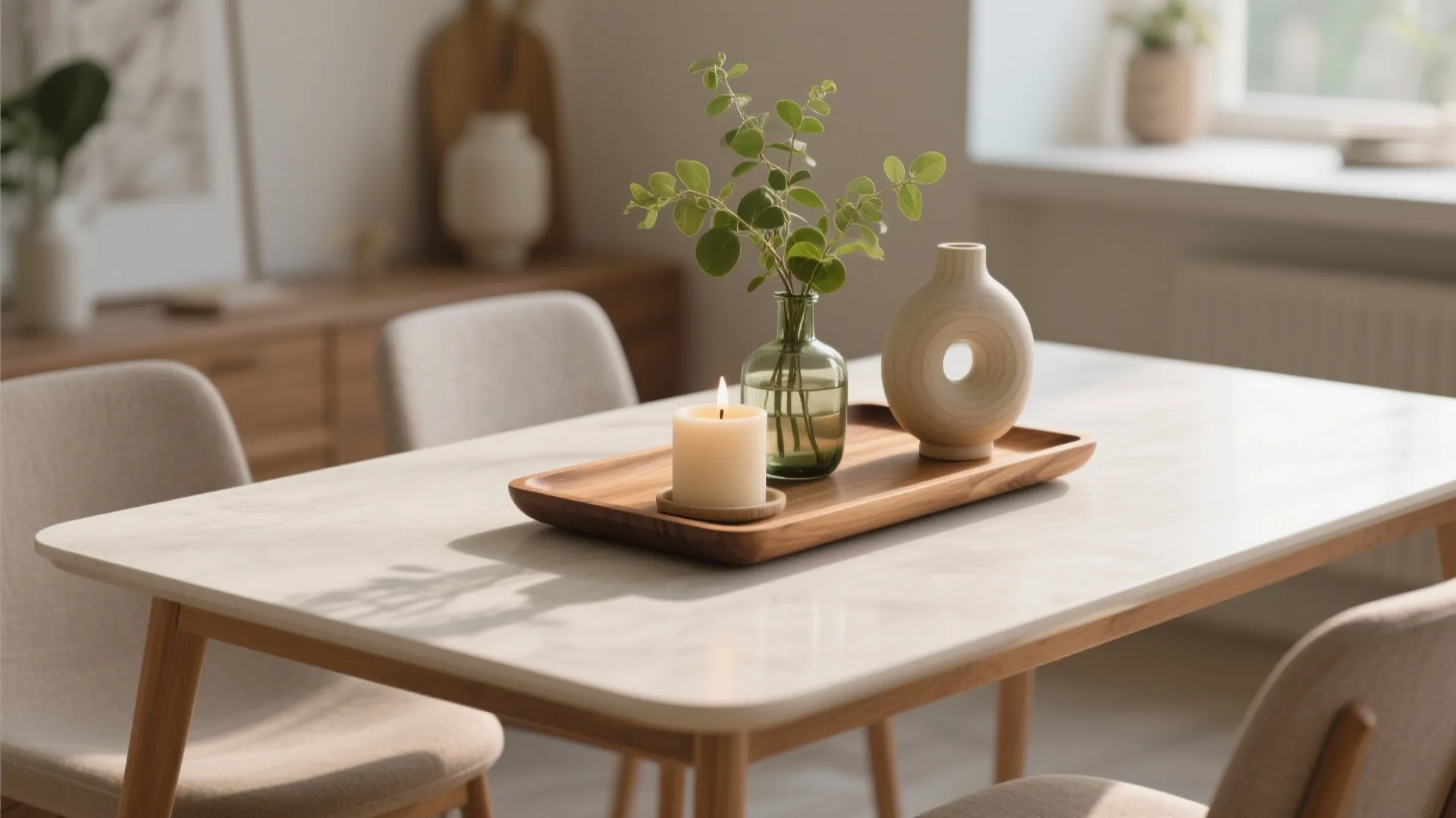 Wooden tray with candle, vase, and small art object centerpiece