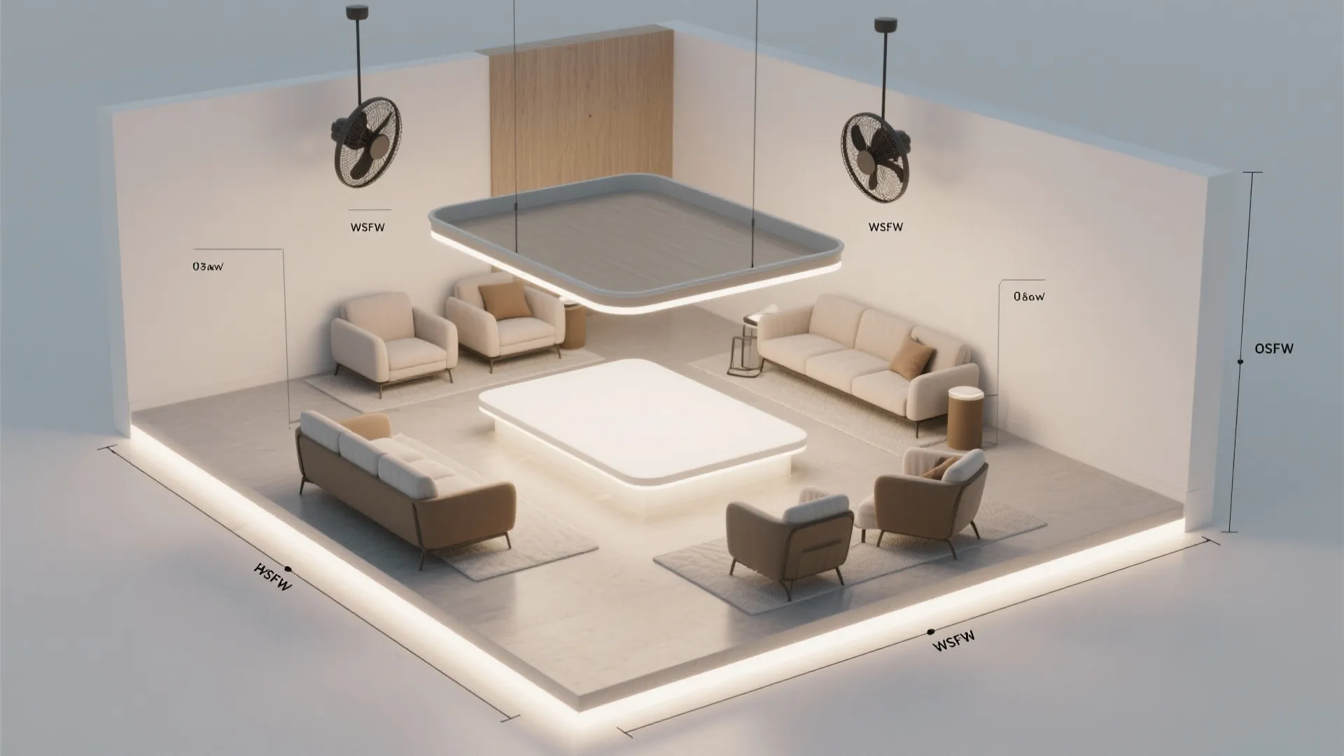 3) Floating tray with concealed LED and offset fans