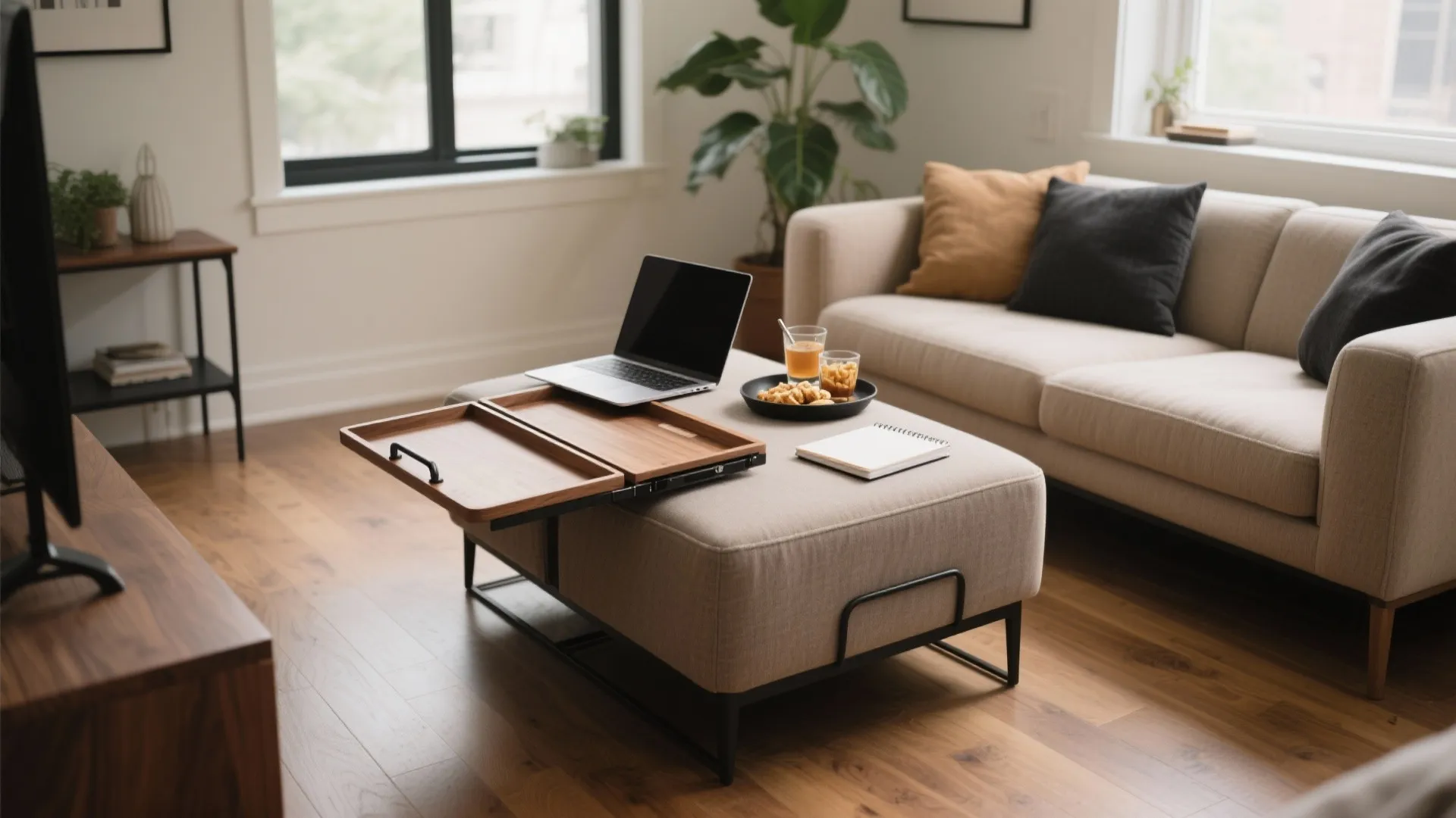 Living room with beige sofa, wooden floor, and large footrest used as a coffee table
