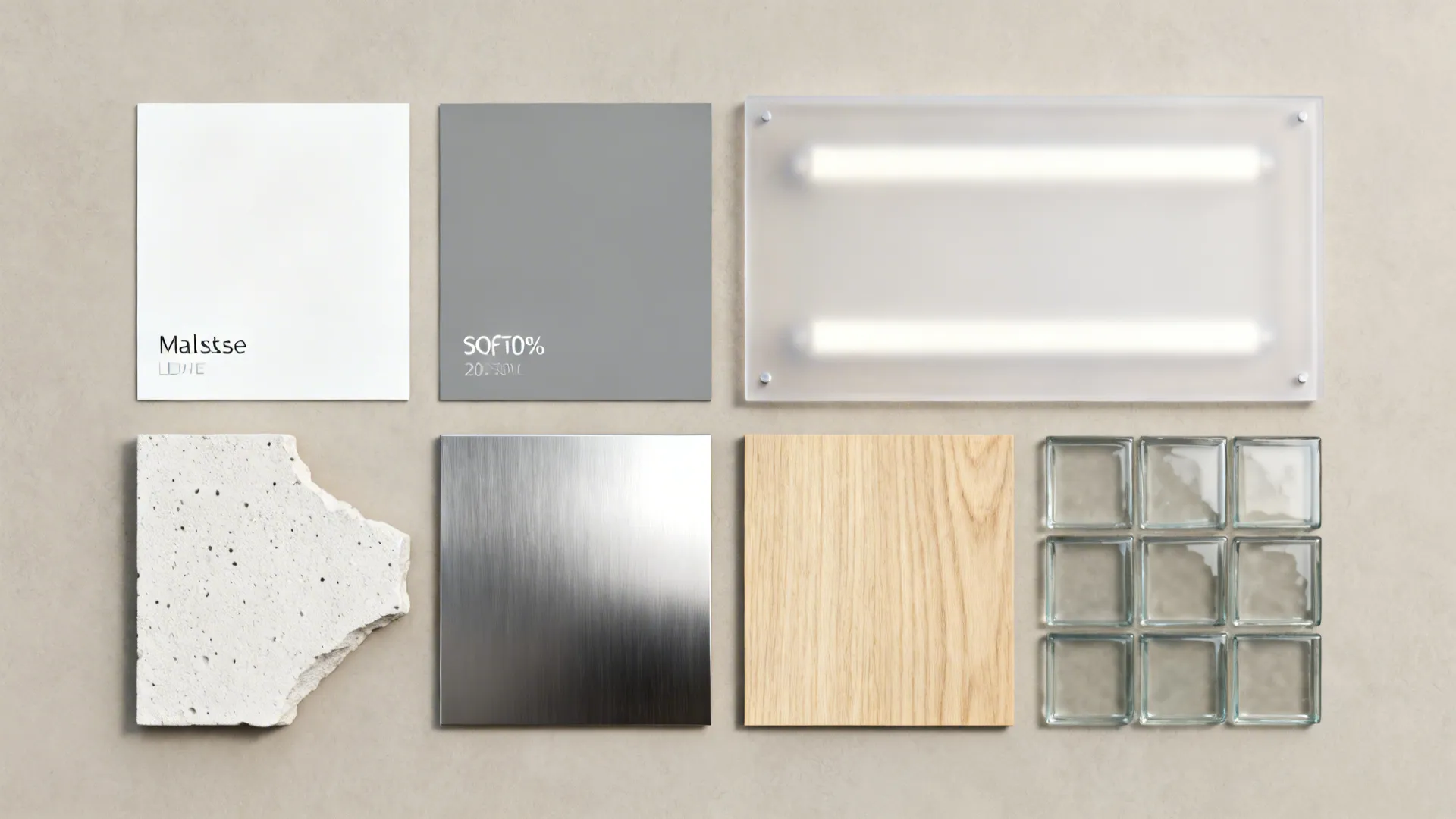 Top-down flat lay of white and soft gray paint chips with LED diffuser and kitchen finishes.