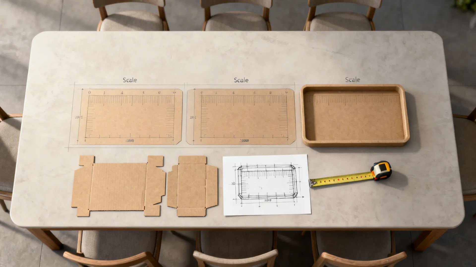 Top-down view of tray placement mockups on a dining table using cardboard cutouts and measuring tape.
