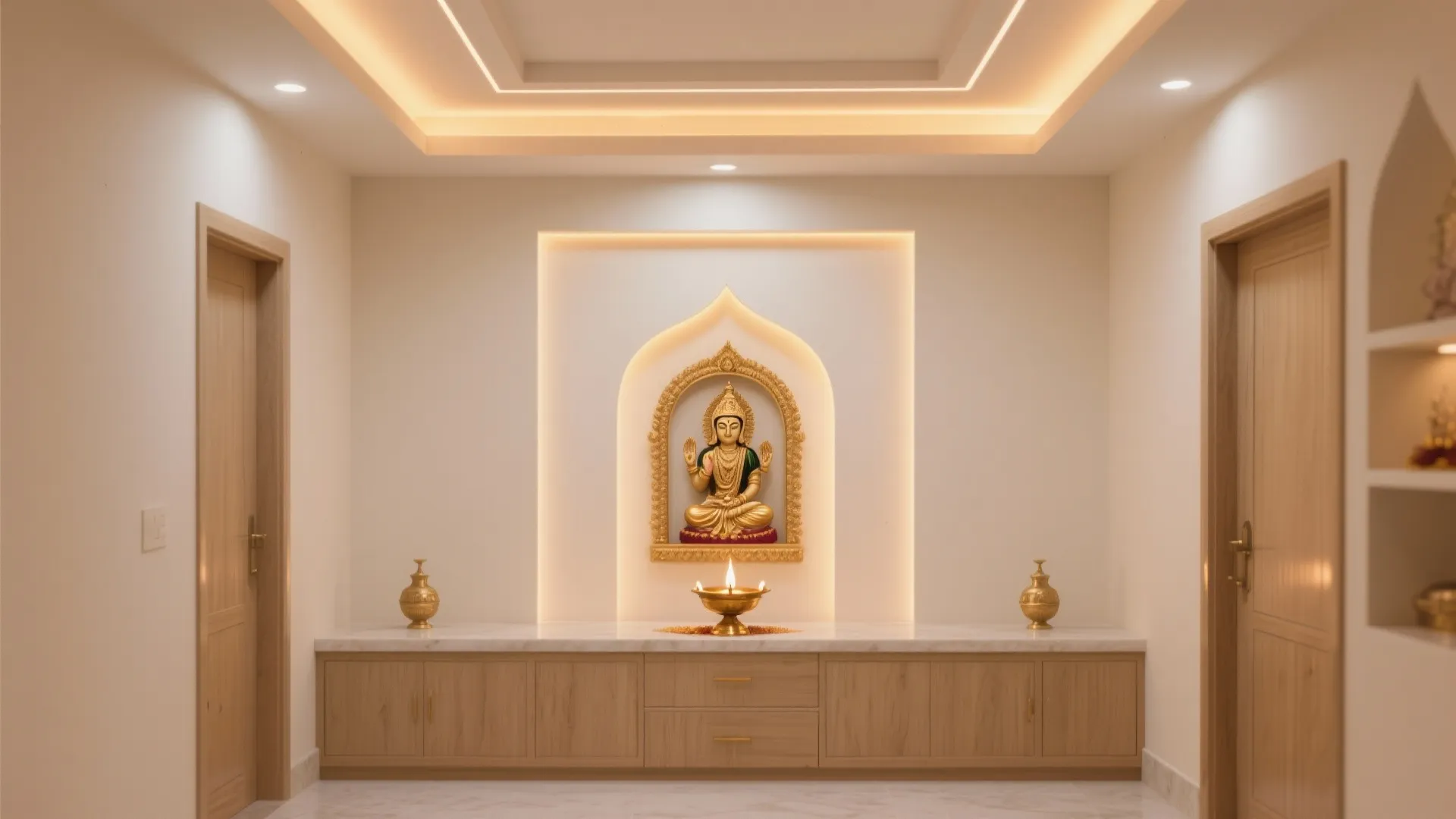 Small prayer room with gold statue warm ceiling light wood cabinet and marble floor interior design
