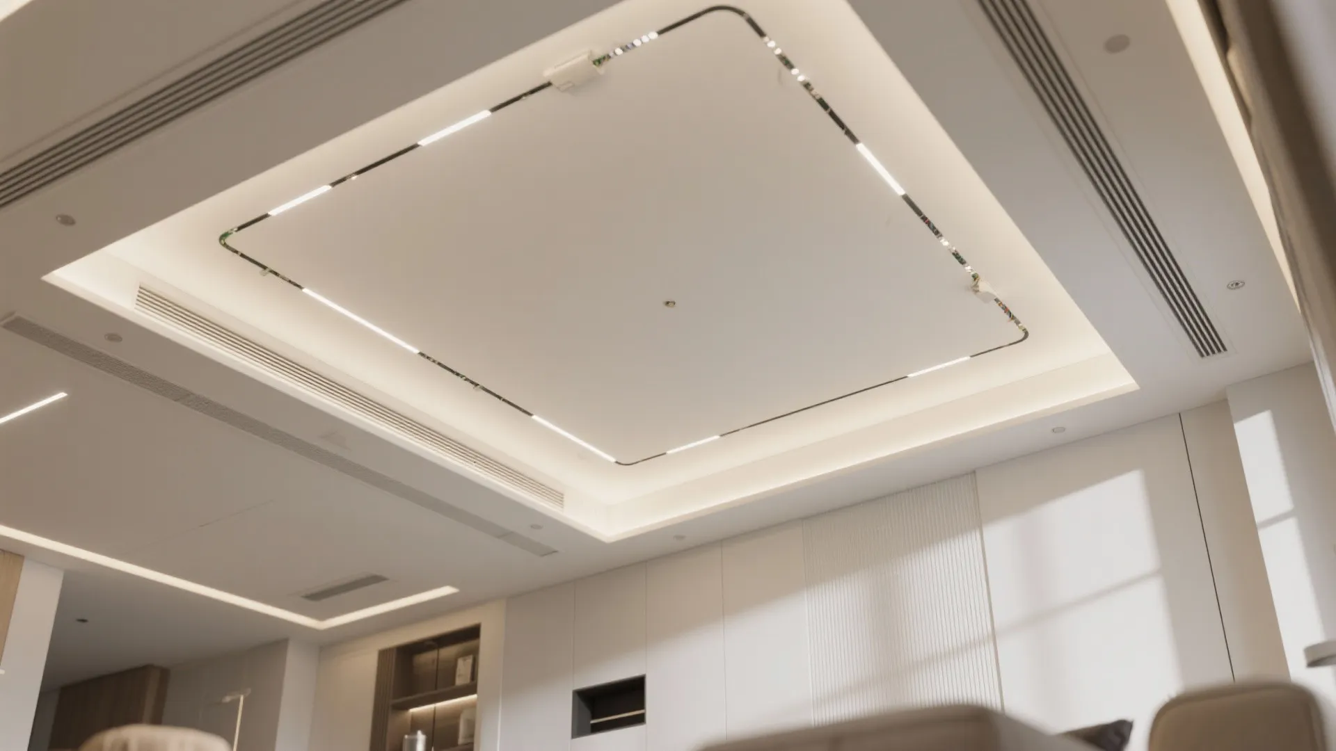 Recessed rectangular ceiling design with bright light strips and air vents in a modern white