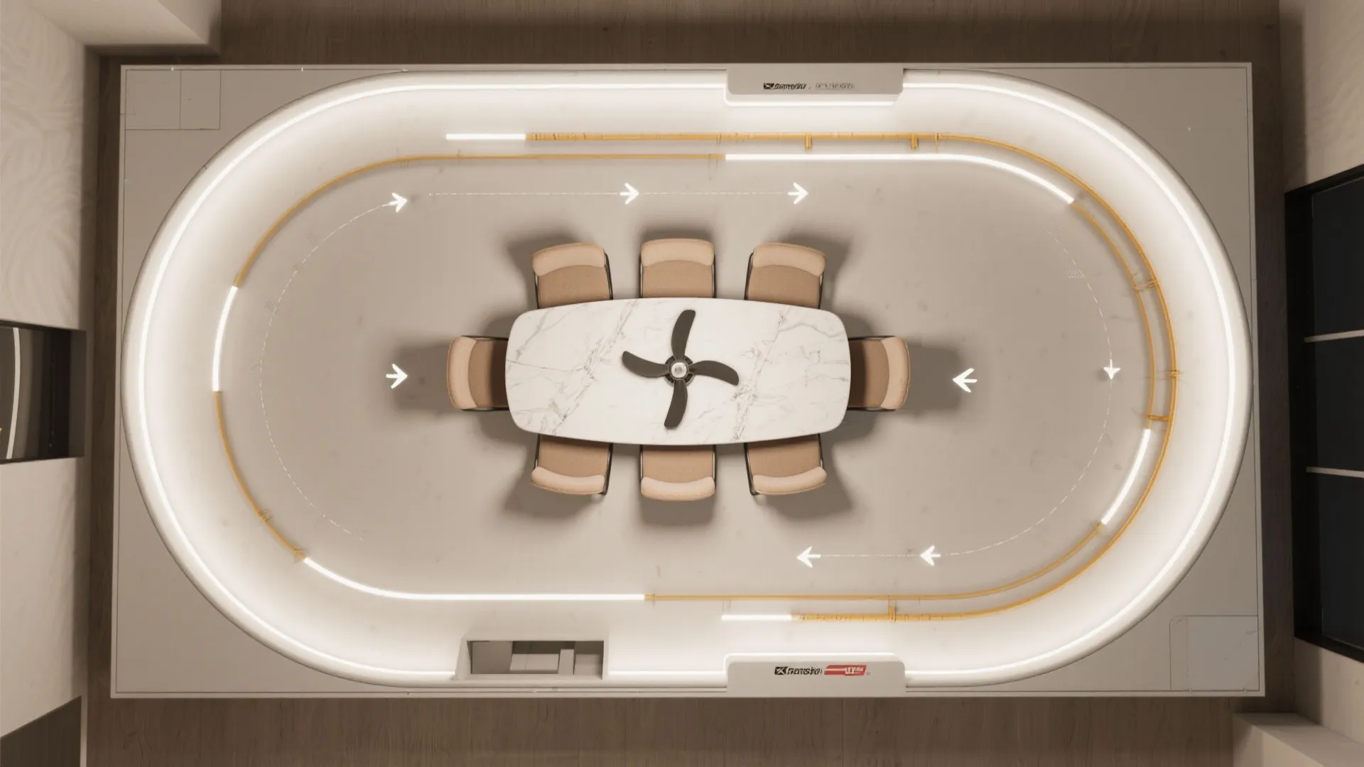 3) Long Tray (Racetrack) Ceiling with an Offset Fan