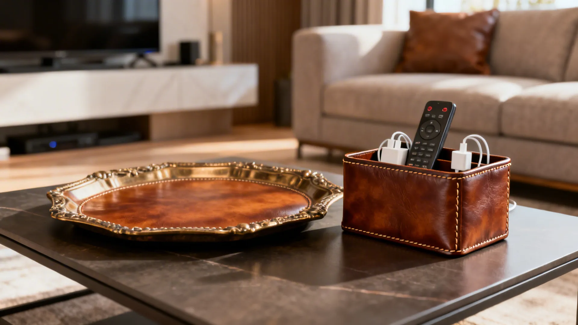 Decorative tray with a leather remote bin keeping a coffee table tidy