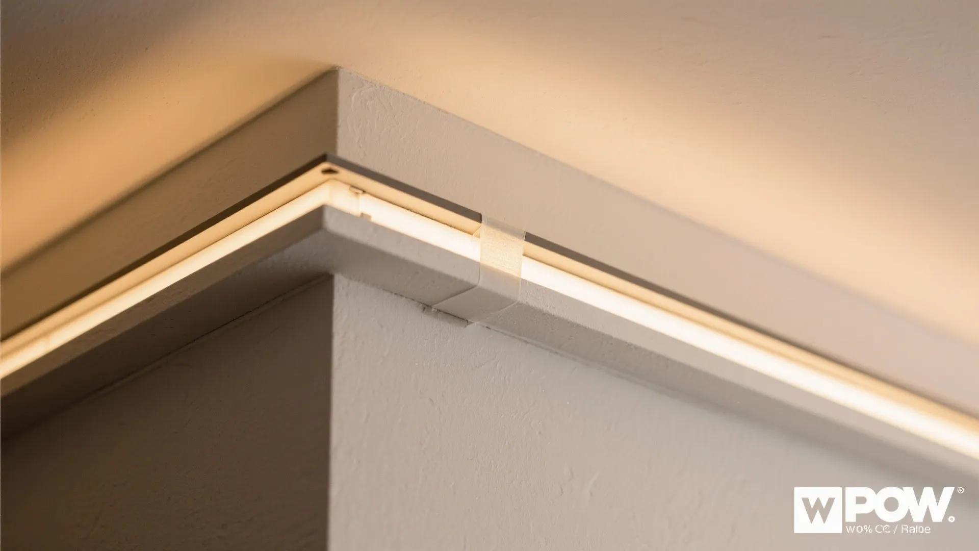 Close up shot of a warm LED strip light installed inside a recessed ceiling tray