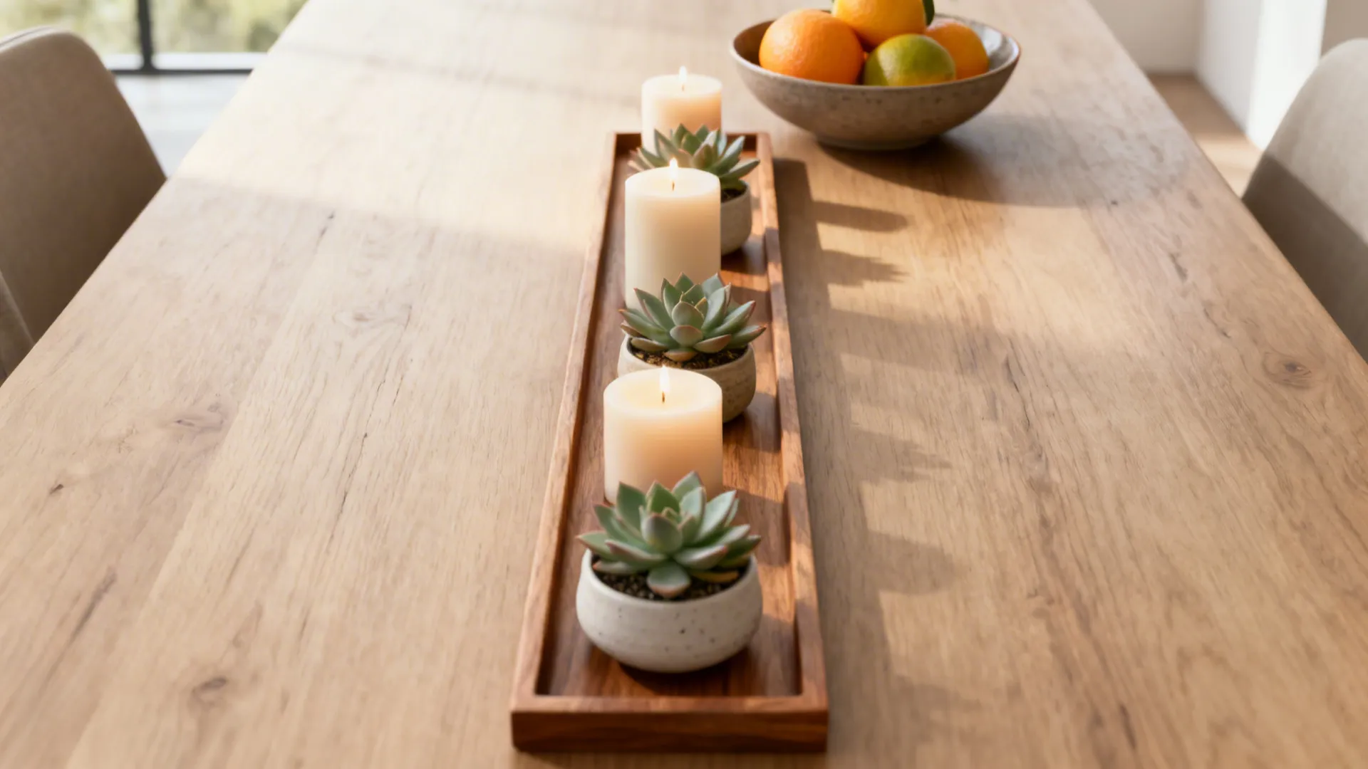 Narrow wooden table with a slim tray holding candles, succulents, and a citrus bowl