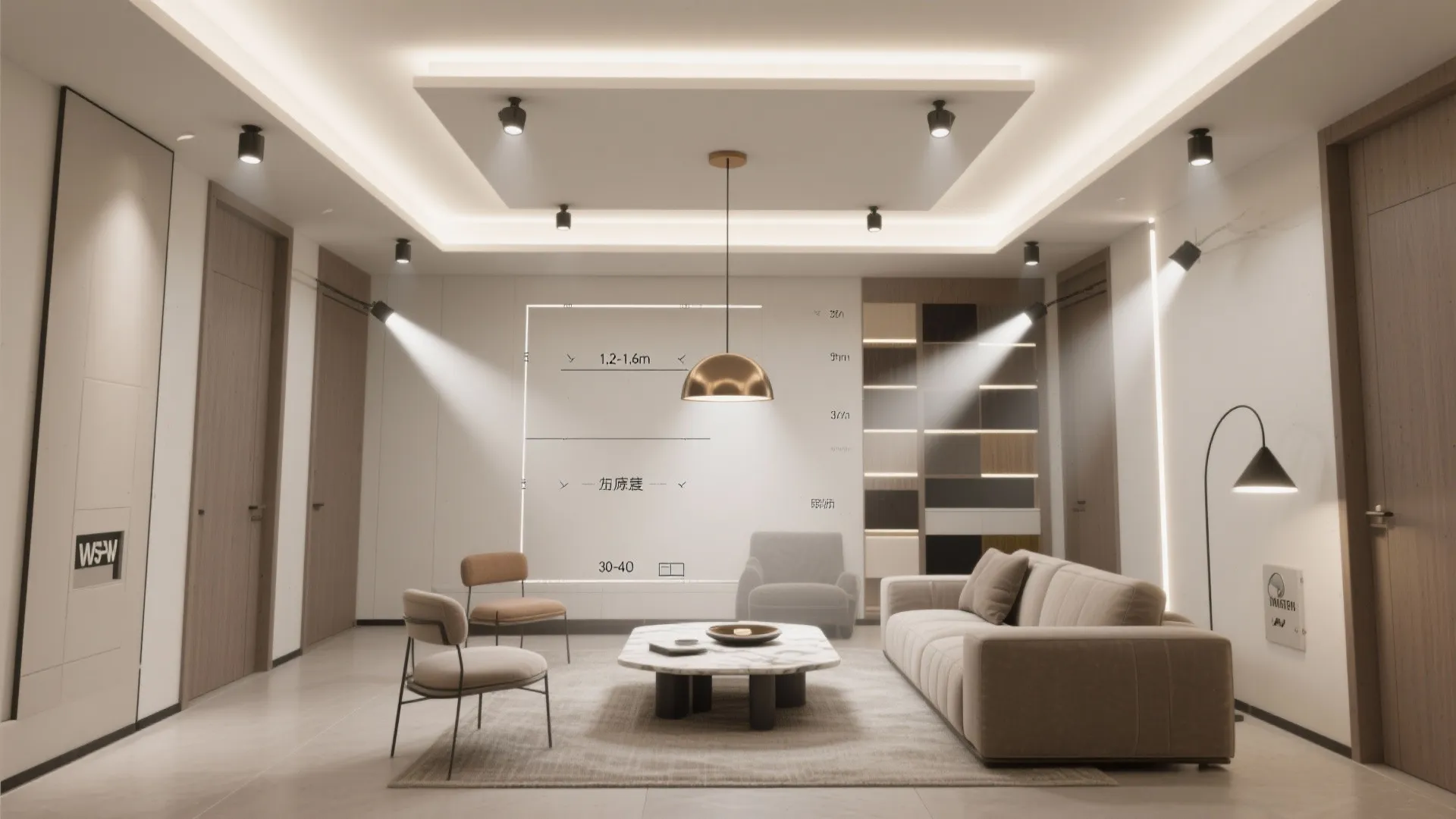 3) Floating center tray with recessed spots and a feature pendant