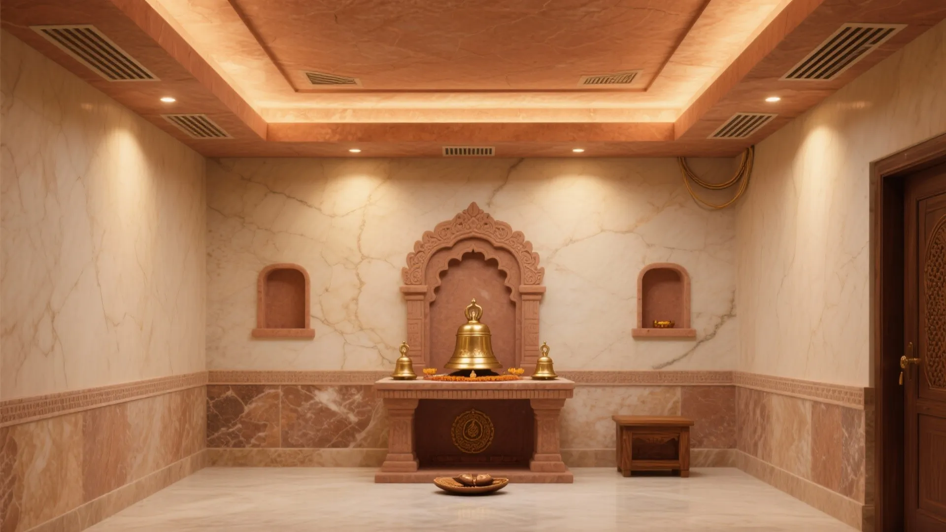 Elegant marble prayer room featuring a stone altar with a large gold bell and lighting