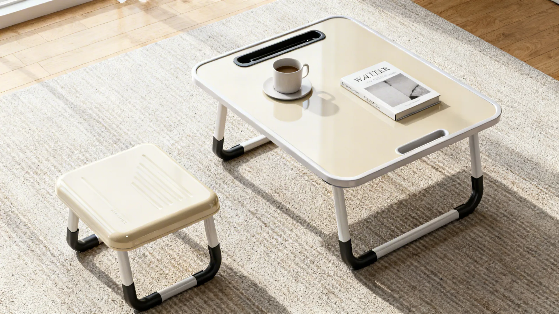 Top-down view of a portable lacquered tray table and stool with durable finish