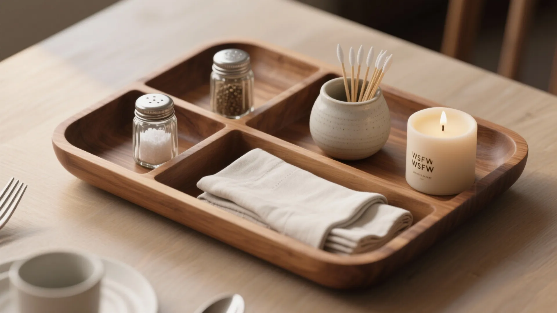 Wooden storage tray with salt pepper shakers candle and folded napkins on a light table