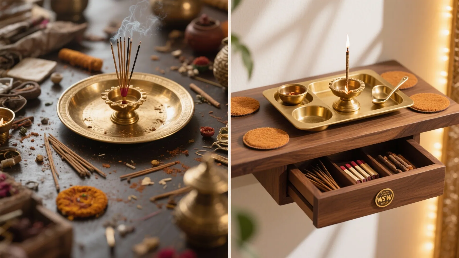 Hidden storage and modular trays for pooja essentials