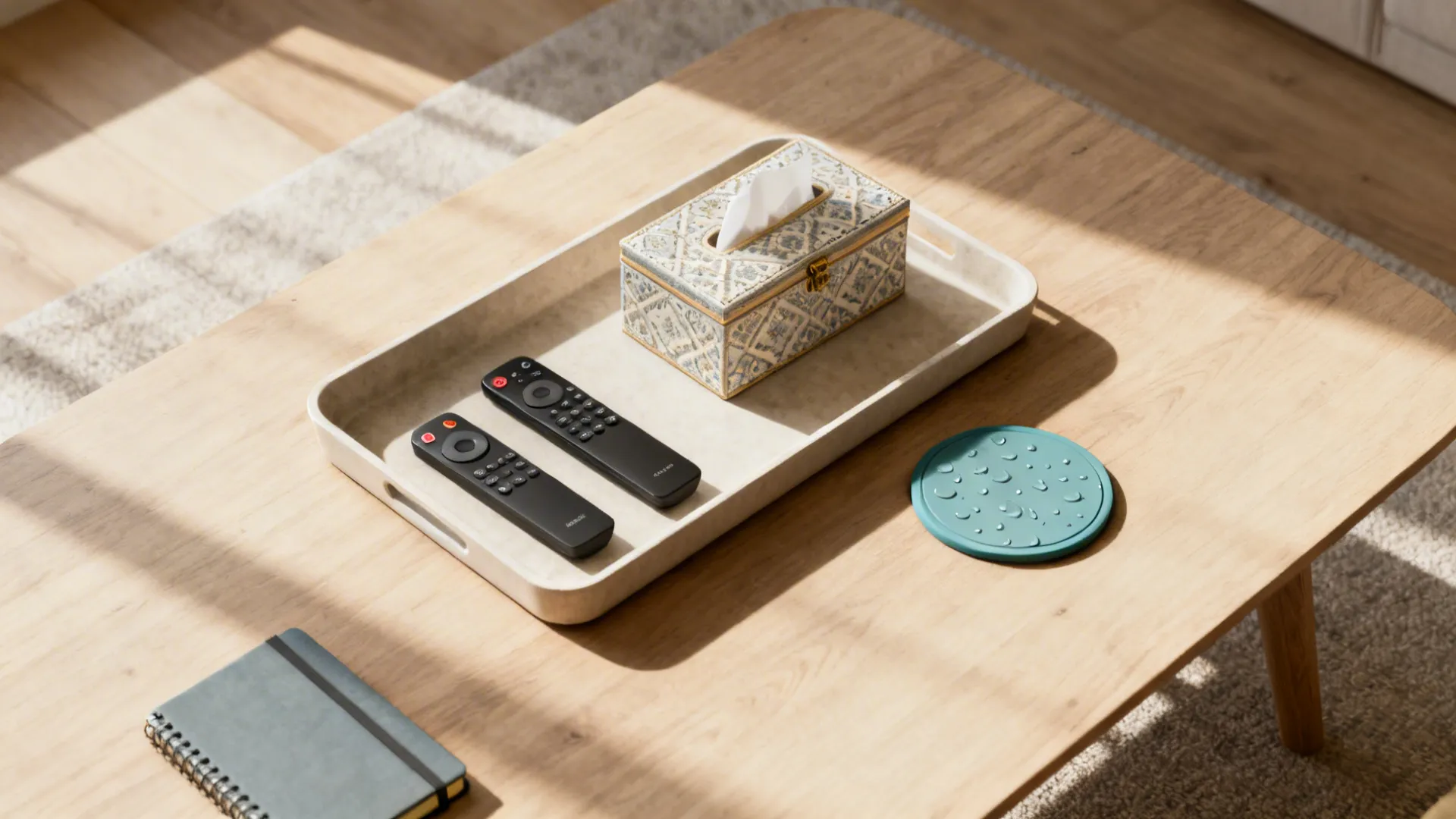 Top-down view of a shallow tray with remotes and decorative box on a coffee table